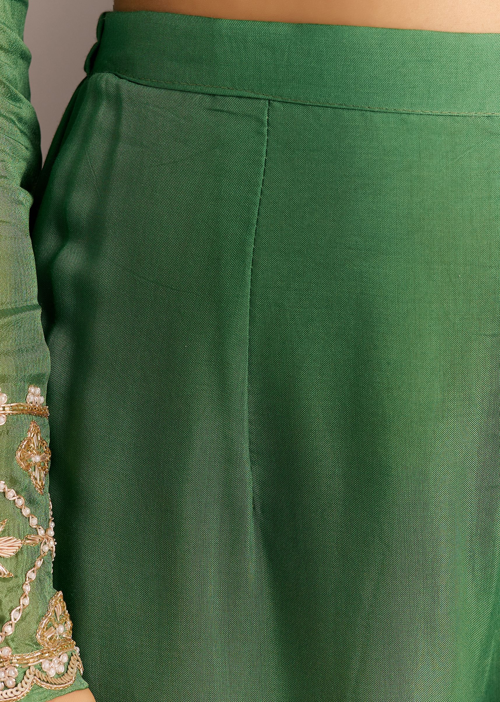 Green Chinon Kurta With Zardosi Moti Work On Neckline And Sleeves - Image 6
