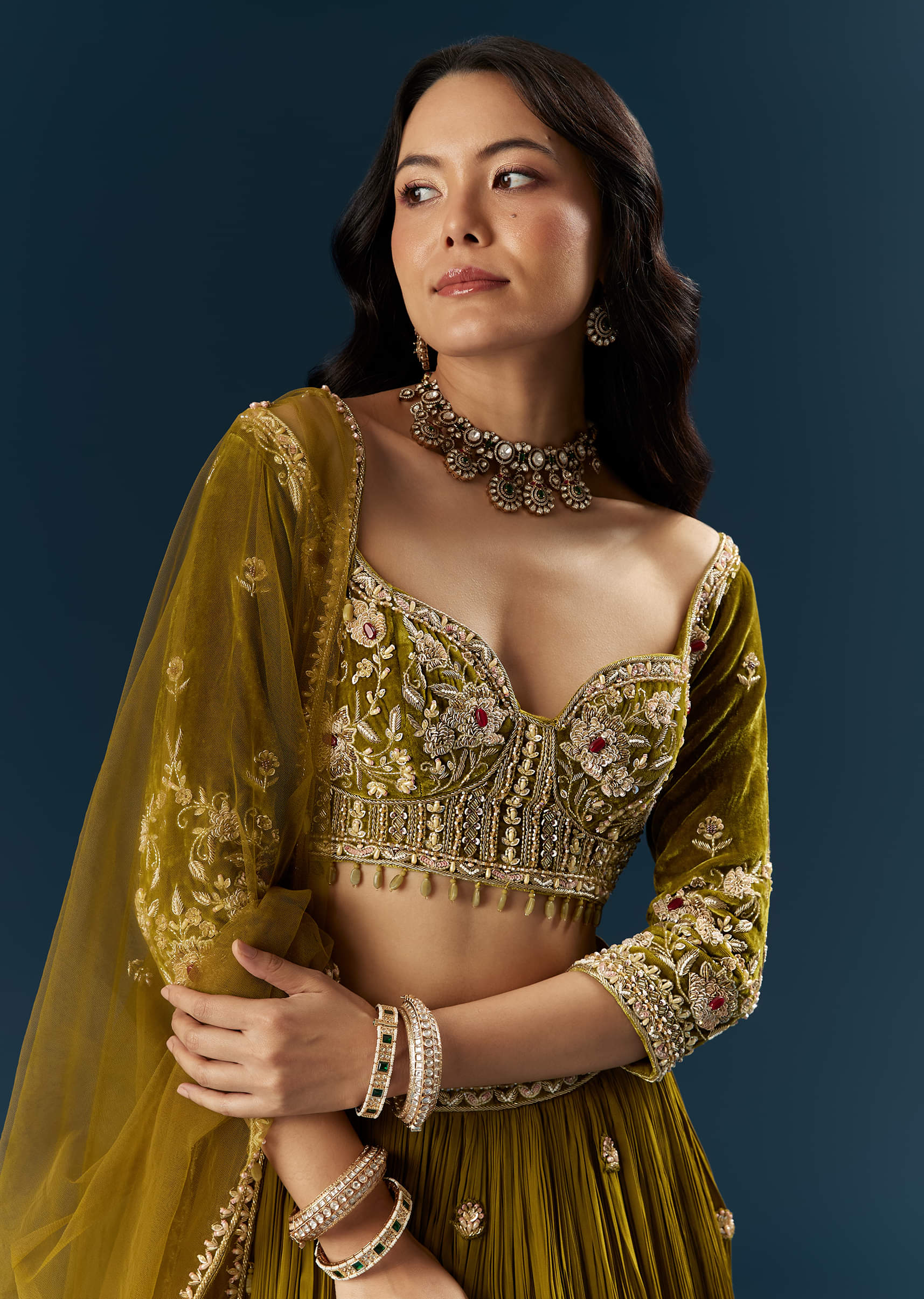 Green Crepe Bridal Lehenga With Cutdana Embroidery - Image 3