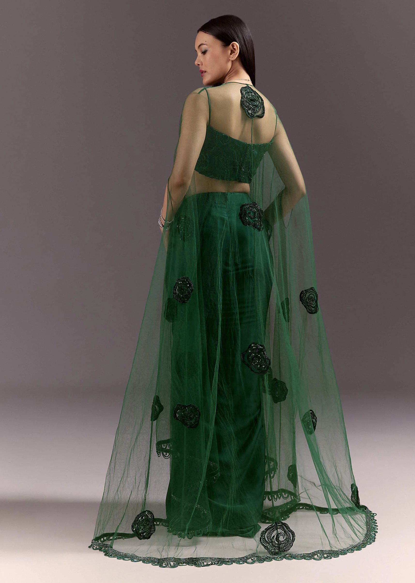 Green Drape Skirt Patched Jacket Set With Square Neck Blouse - Image 5