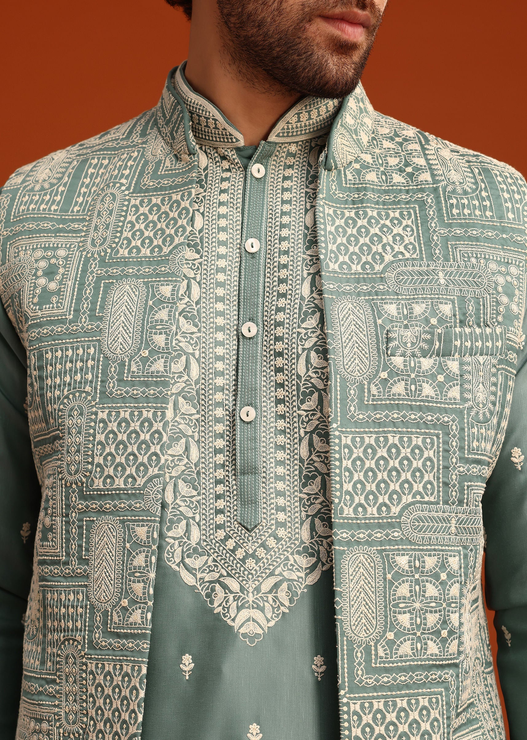 Green Embroidered Jacket Kurta Set In Linen Satin - Image 4