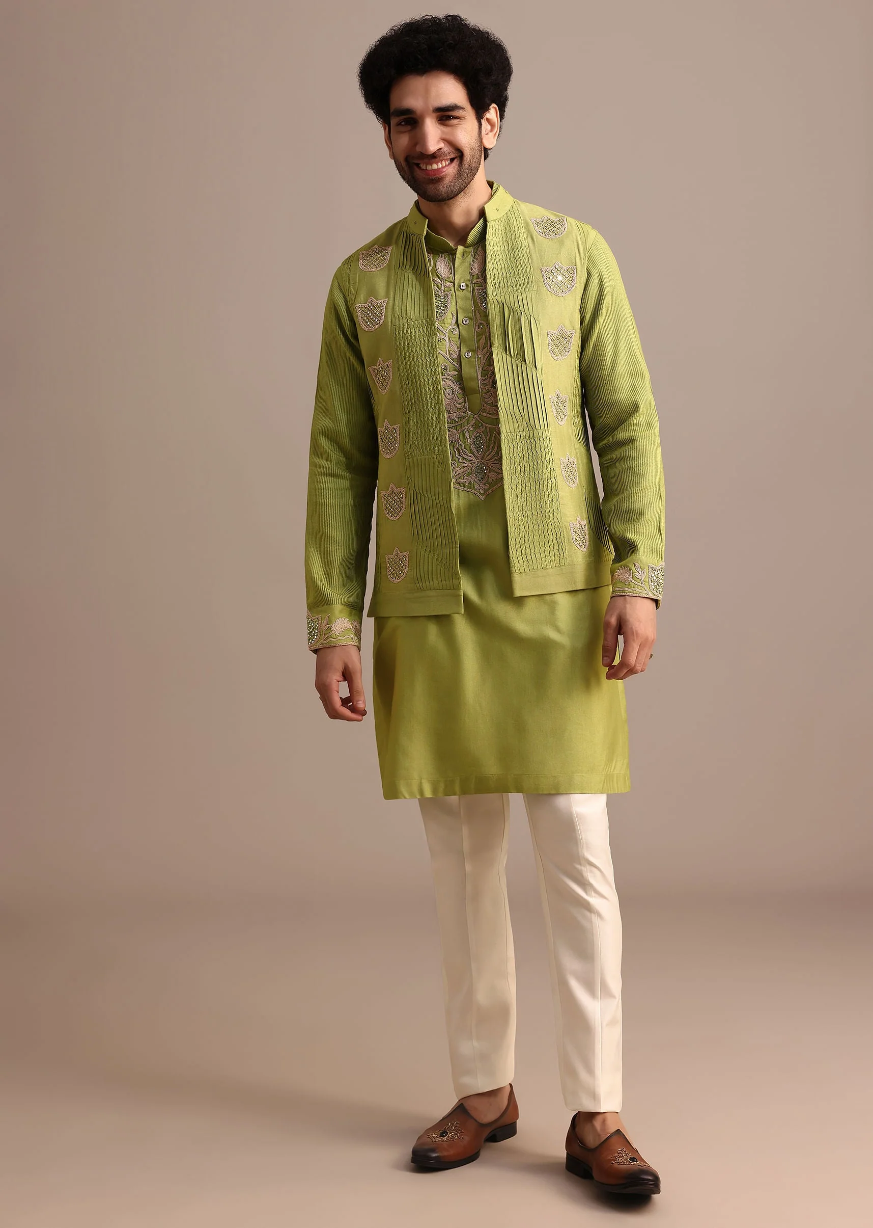 Green Embroidered Silk Kurta Jacket Set For Men - Image 4