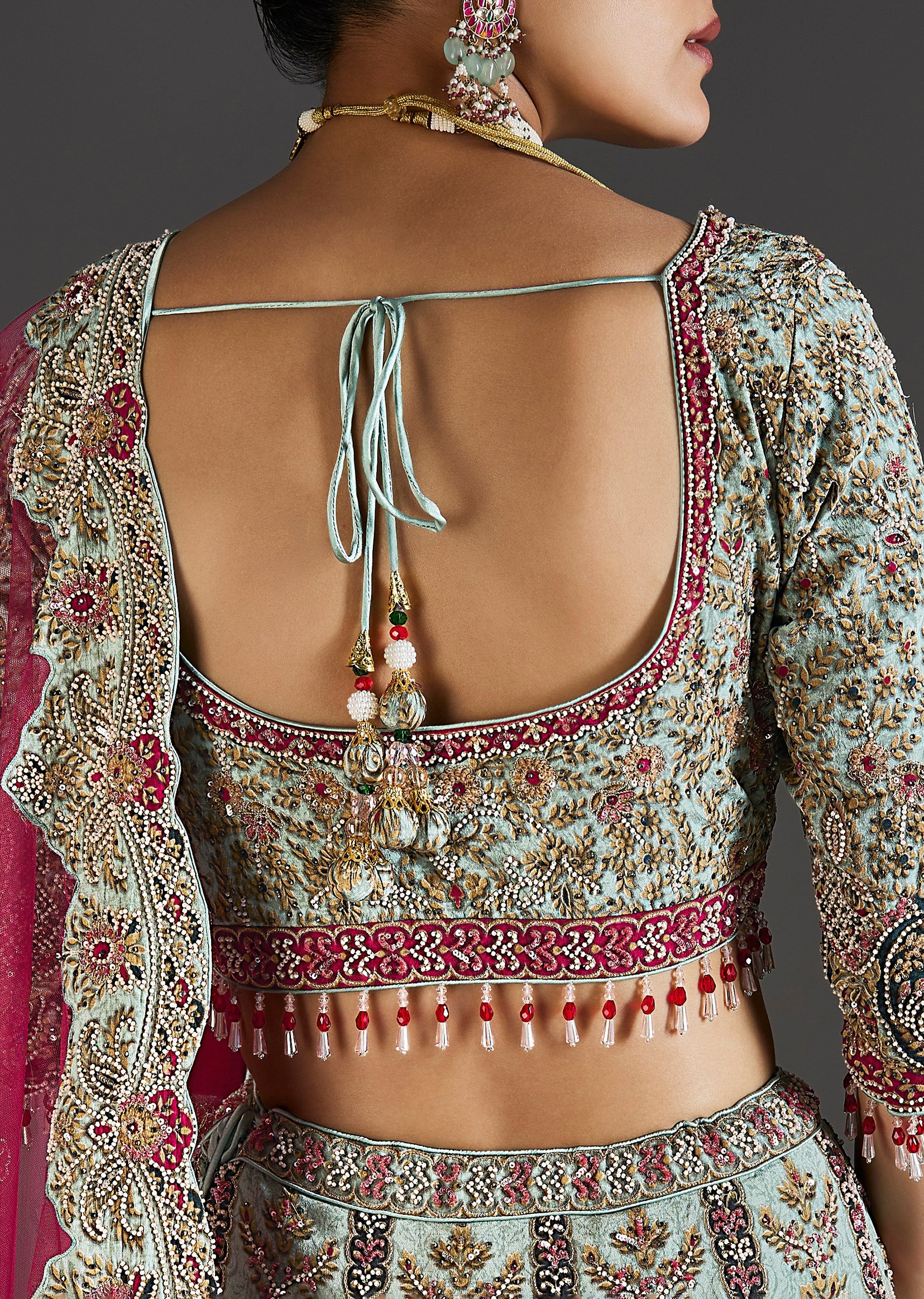 Green Floral Lehenga With Soft Shimmer - Image 6