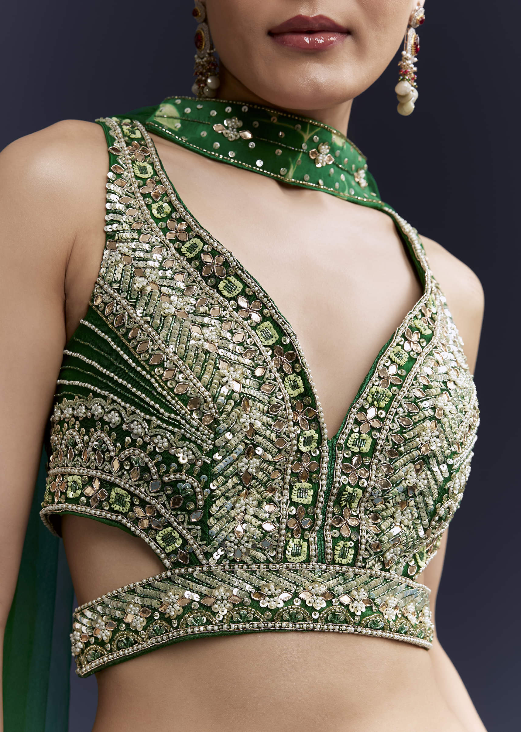 Green Floral Print Bridesmaid Crepe Lehenga Set - Image 3