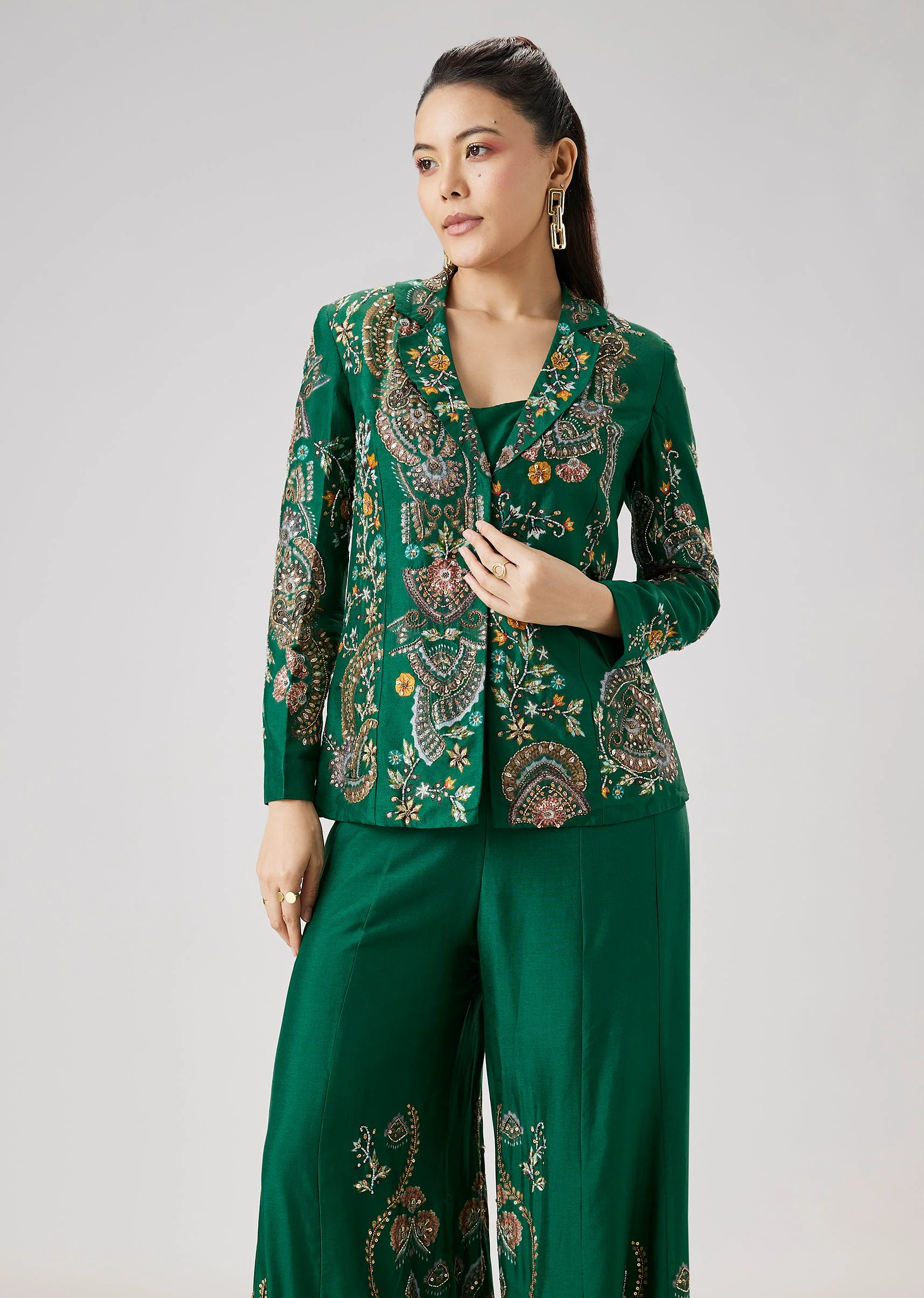 Green Floral Printed Silk Crop Top Palazzo Set With Blazer Jacket - Image 4