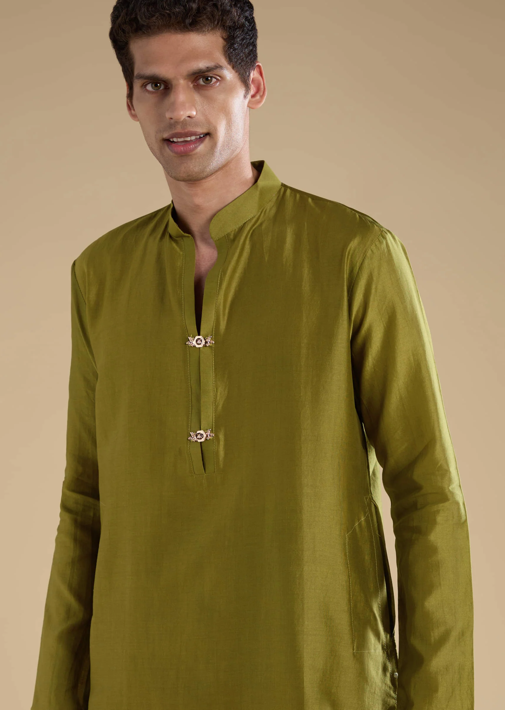 Green Foil Applique Chanderi Work Straight Mens Kurta Set - Image 2