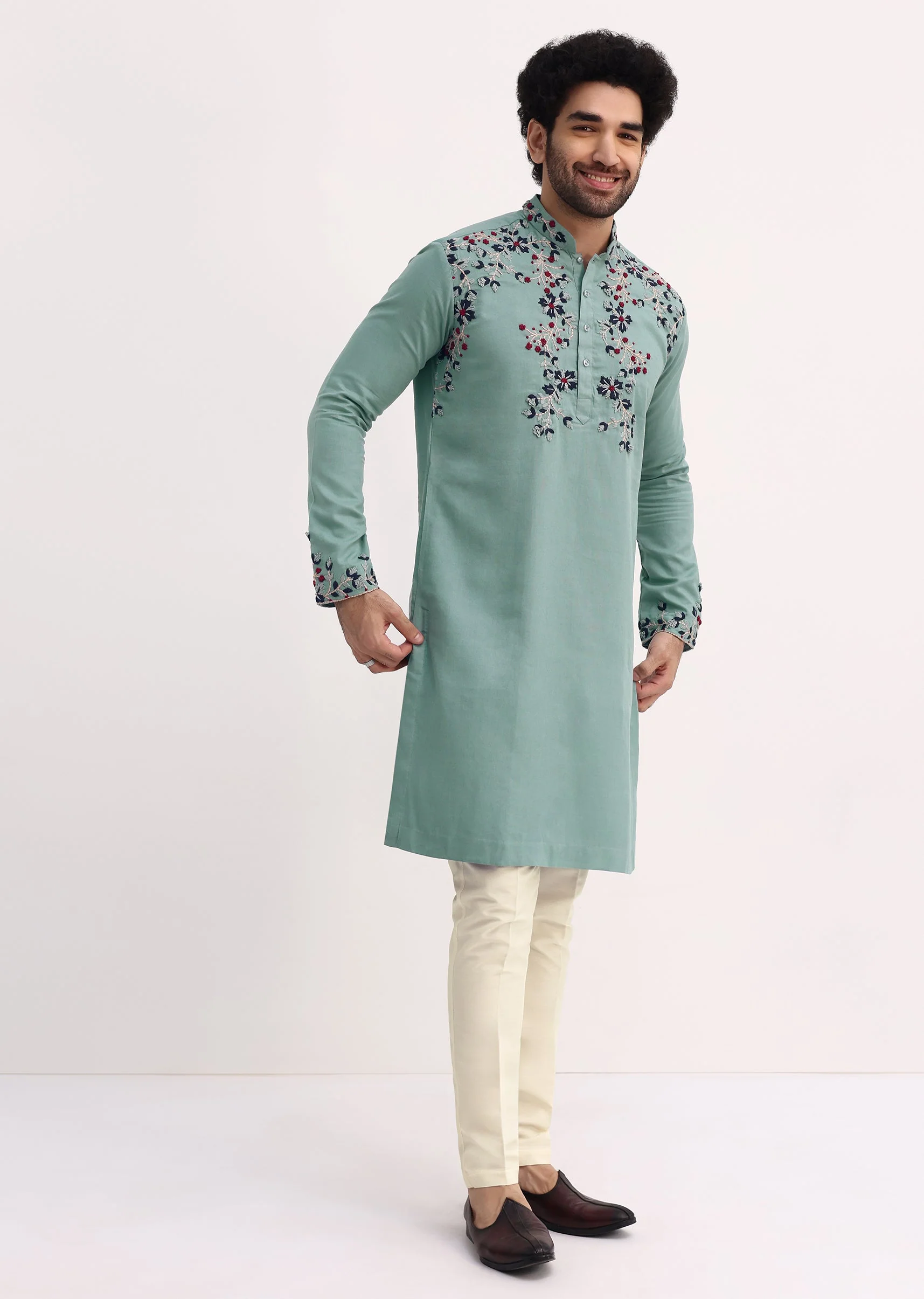 Green Handwork Embroidered Kurta Set For Men - Image 4