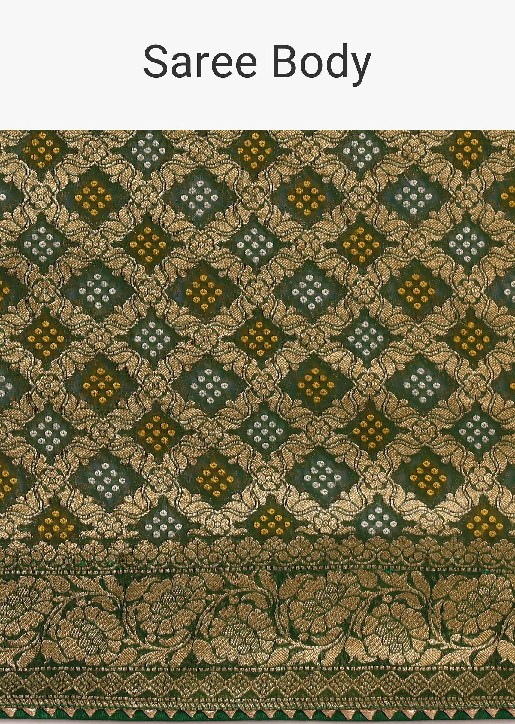 Green Khaddi Georgette Bandhani Saree With Zari Jaal Motif Weave - Image 9