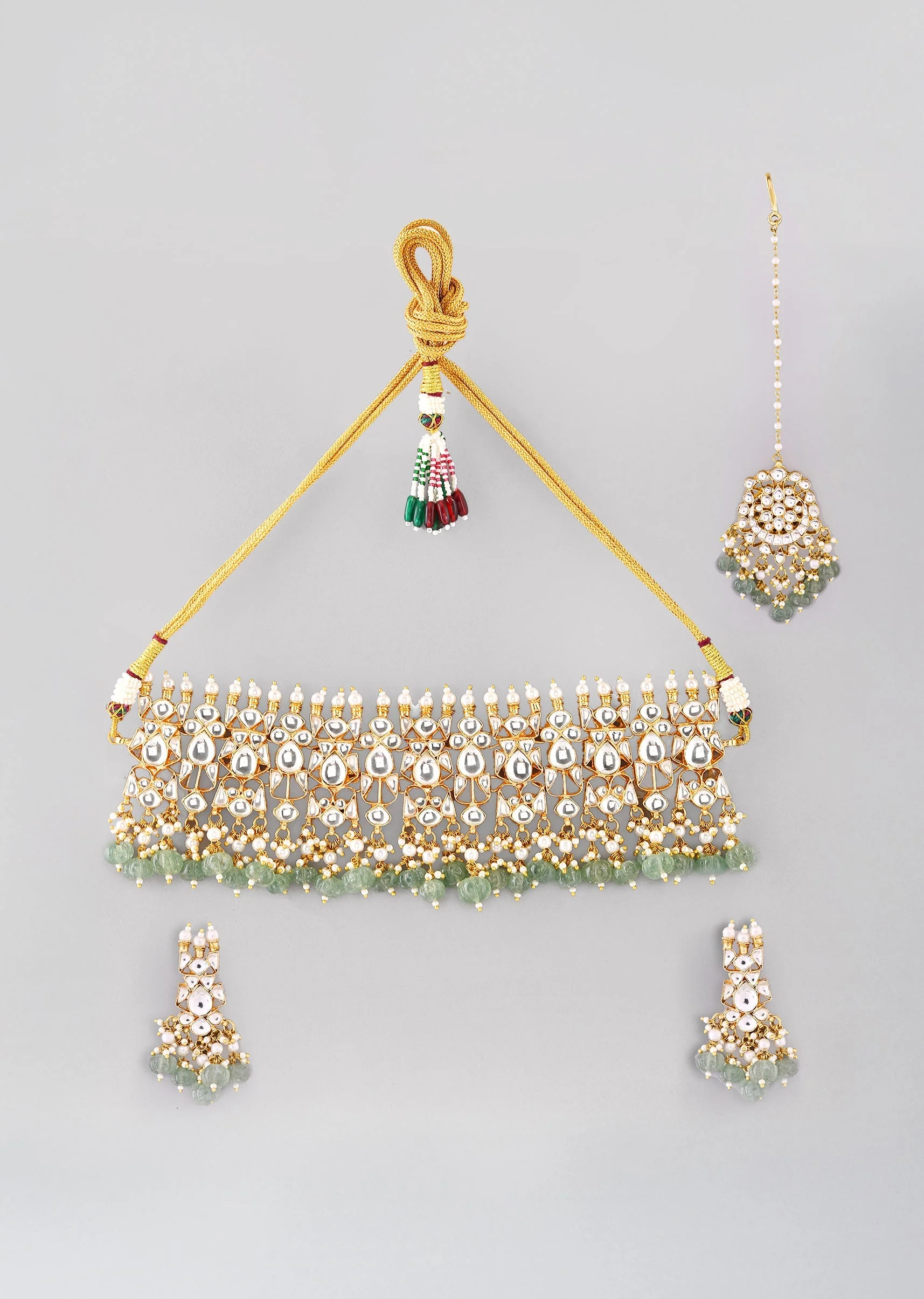 Green Kundan Necklace, Maangtikka and Earrings Set - Image 2