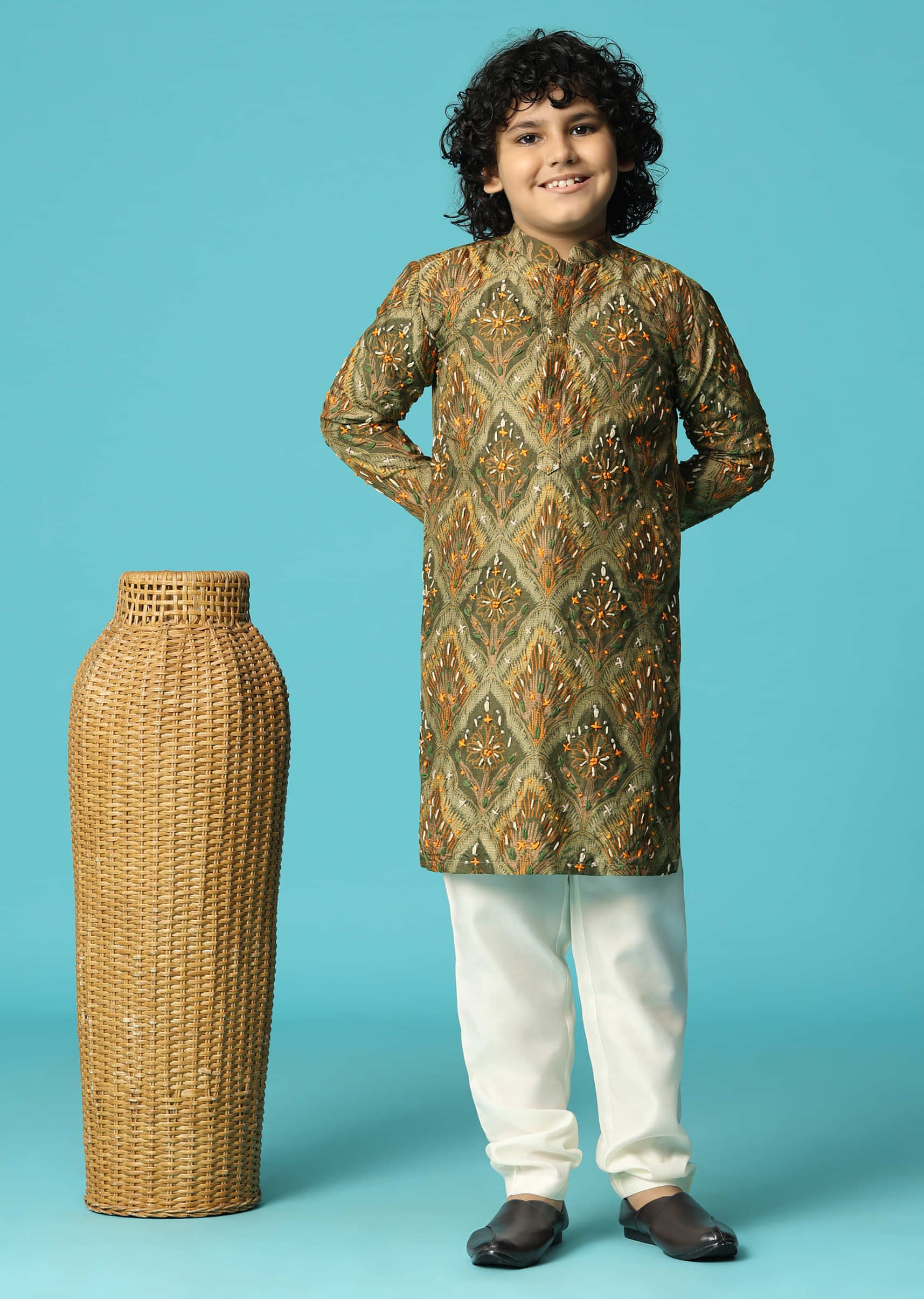 Green Kurta Pant With Resham Work For Boys - Image 2