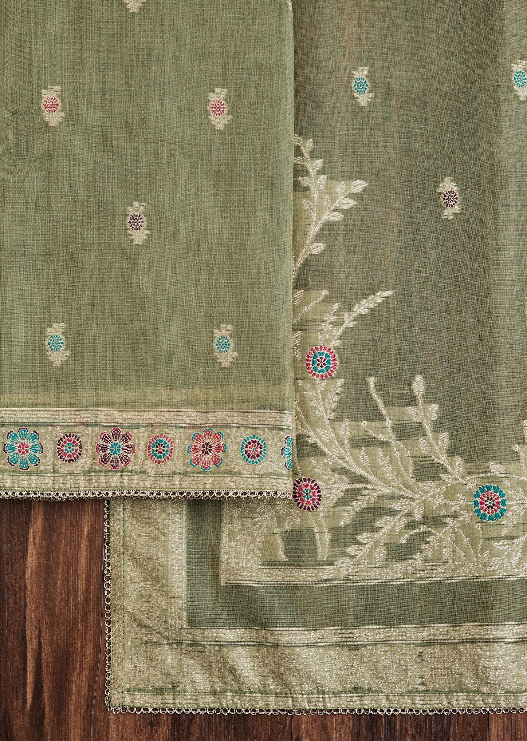 Green Linen Chanderi Unstitched Suit - Image 2