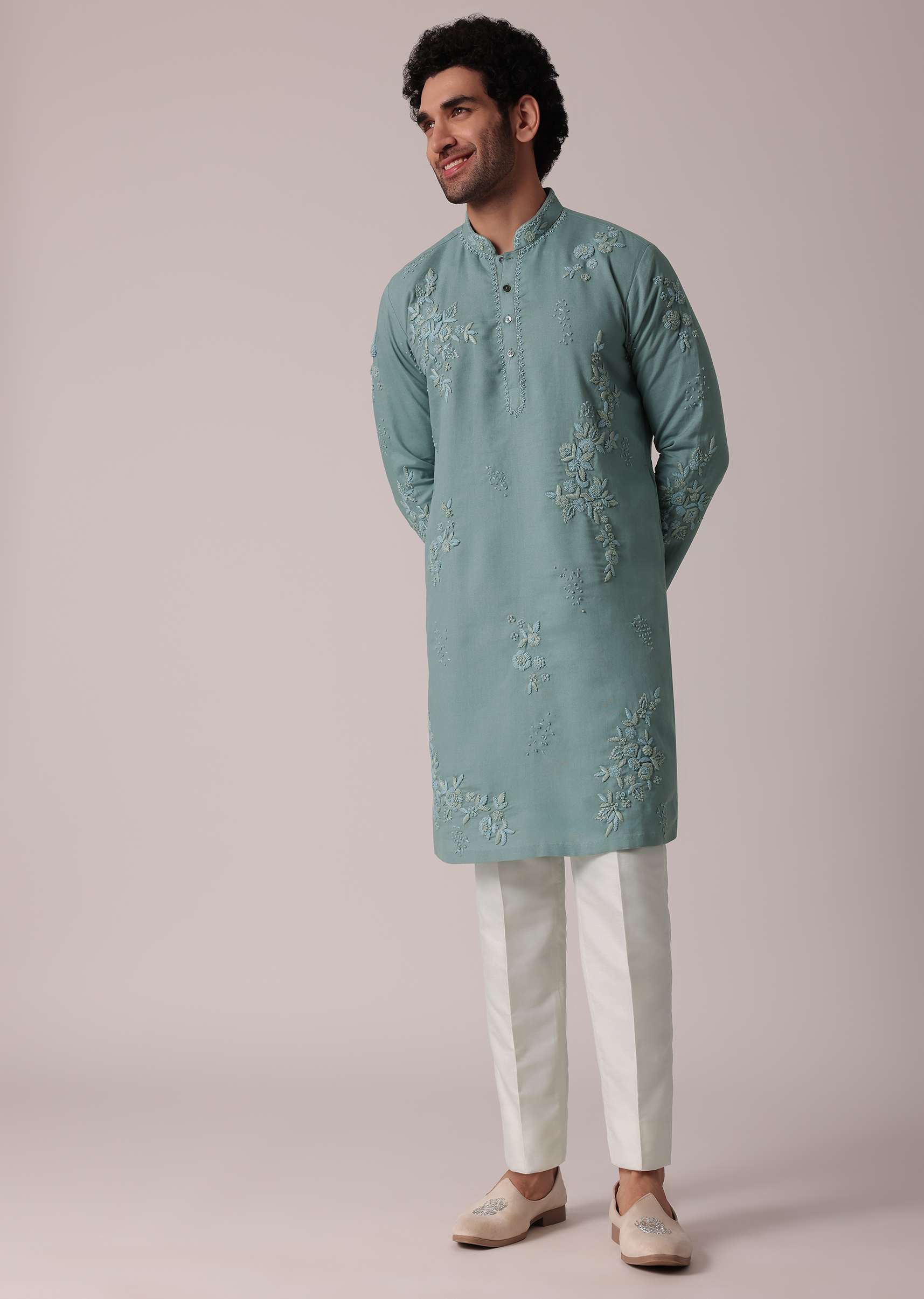 Green Linen Kurta Set For Festive - Image 4