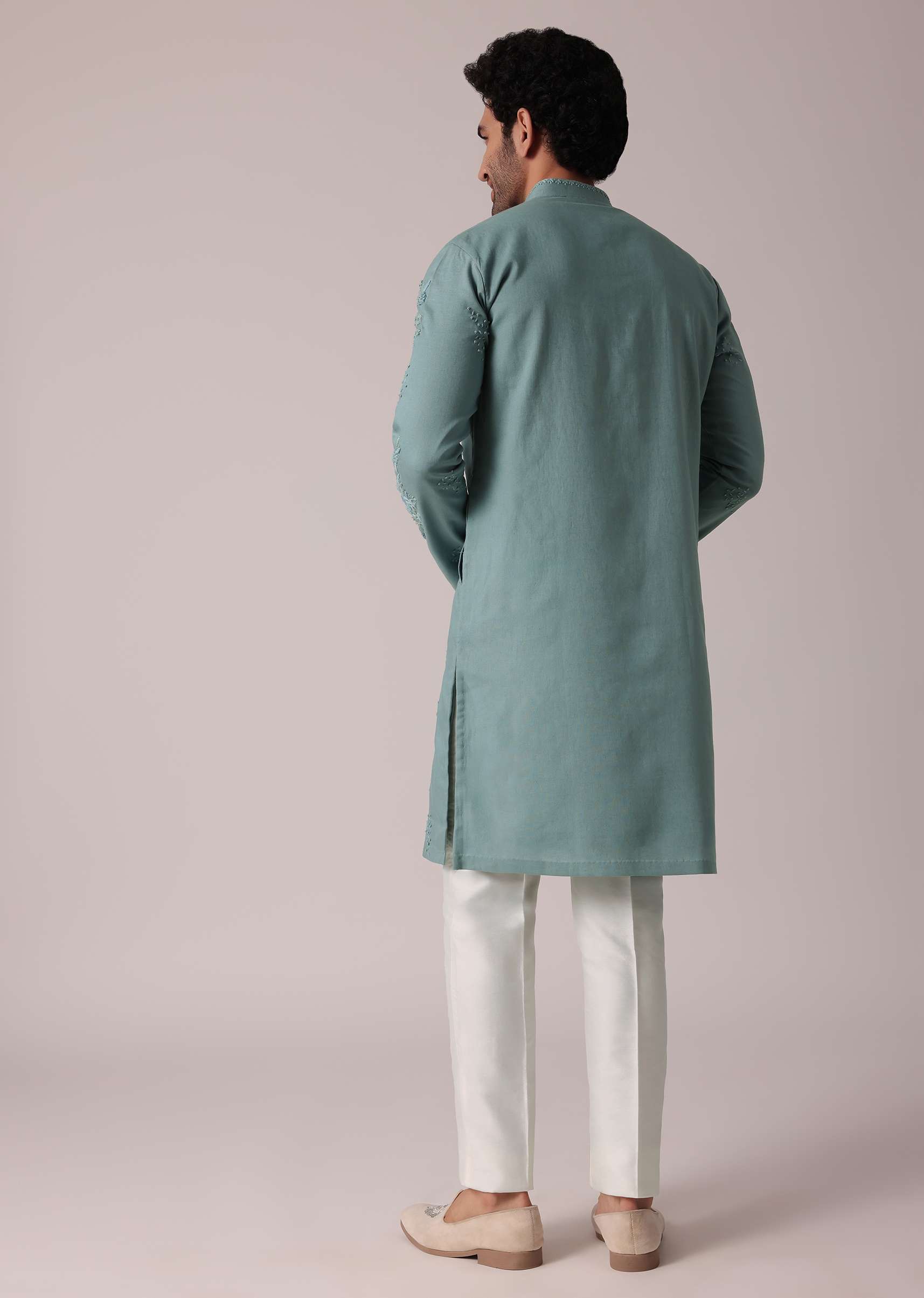 Green Linen Kurta Set For Festive - Image 5