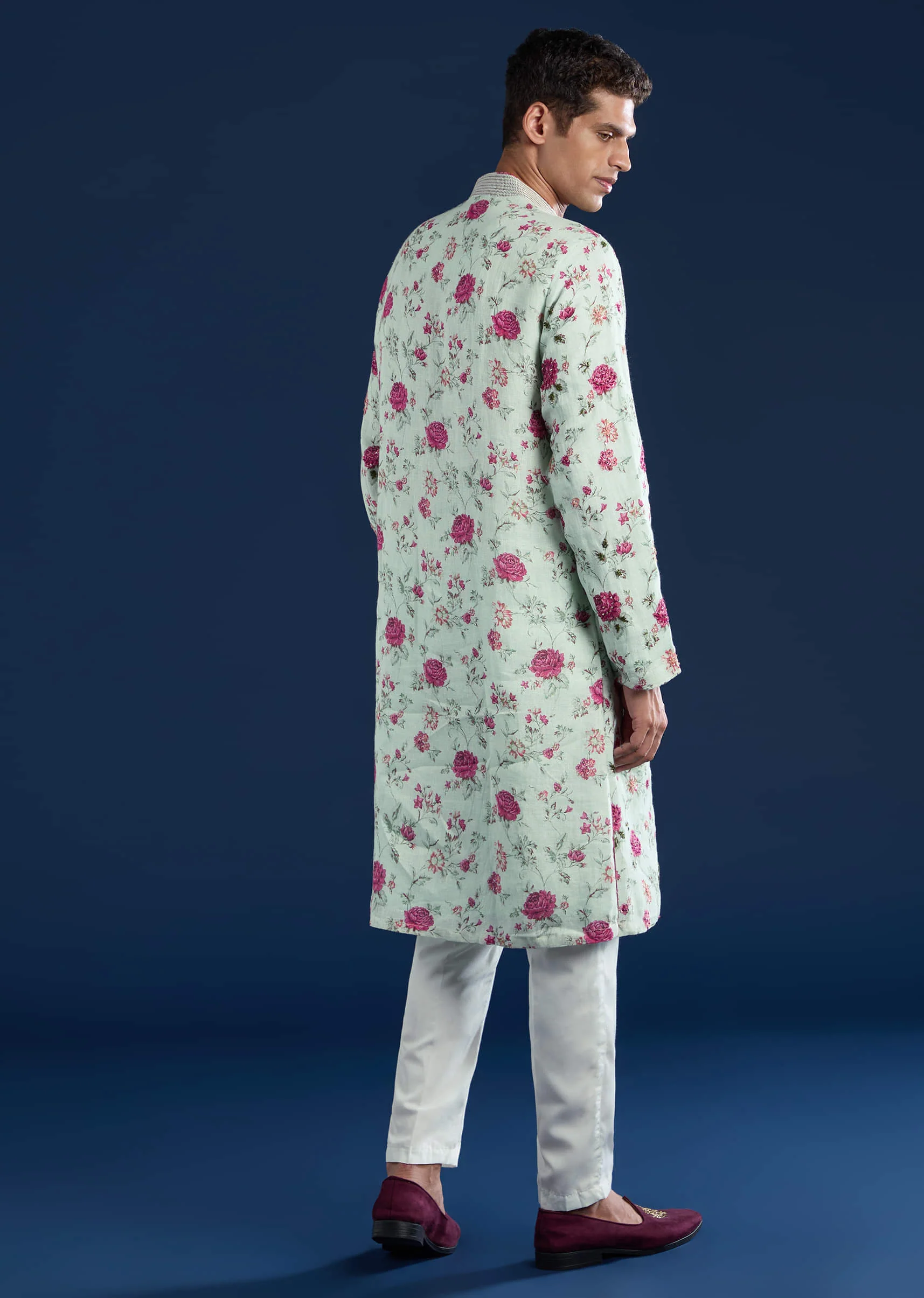 Green Linen Kurta Set with Sequin Work - Image 5