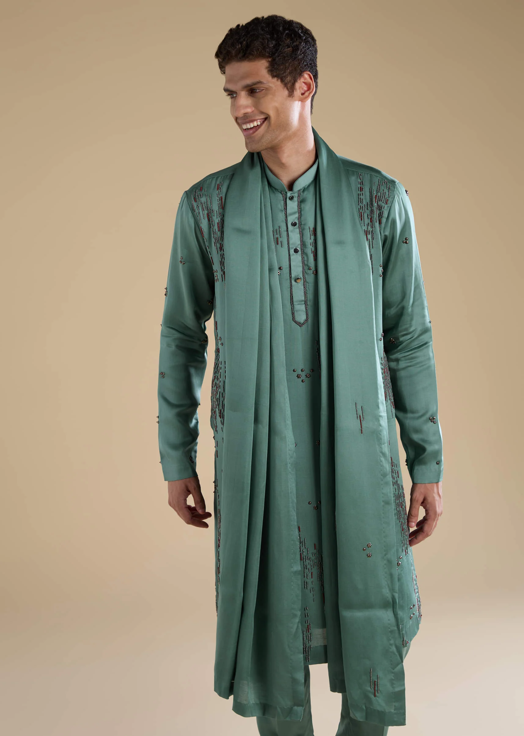 Green Linen Metal Hand Embroidered Kurta Set with Dupatta - Image 2