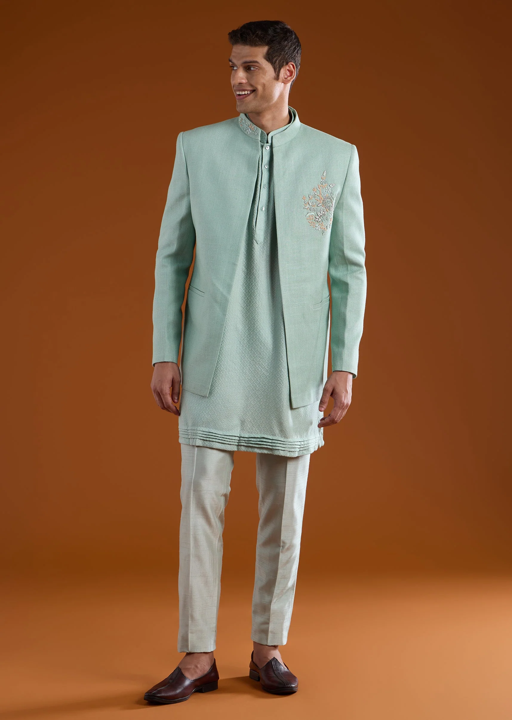 Green Matka Silk Embroidered Jodhpuri Kurta Set - Image 2