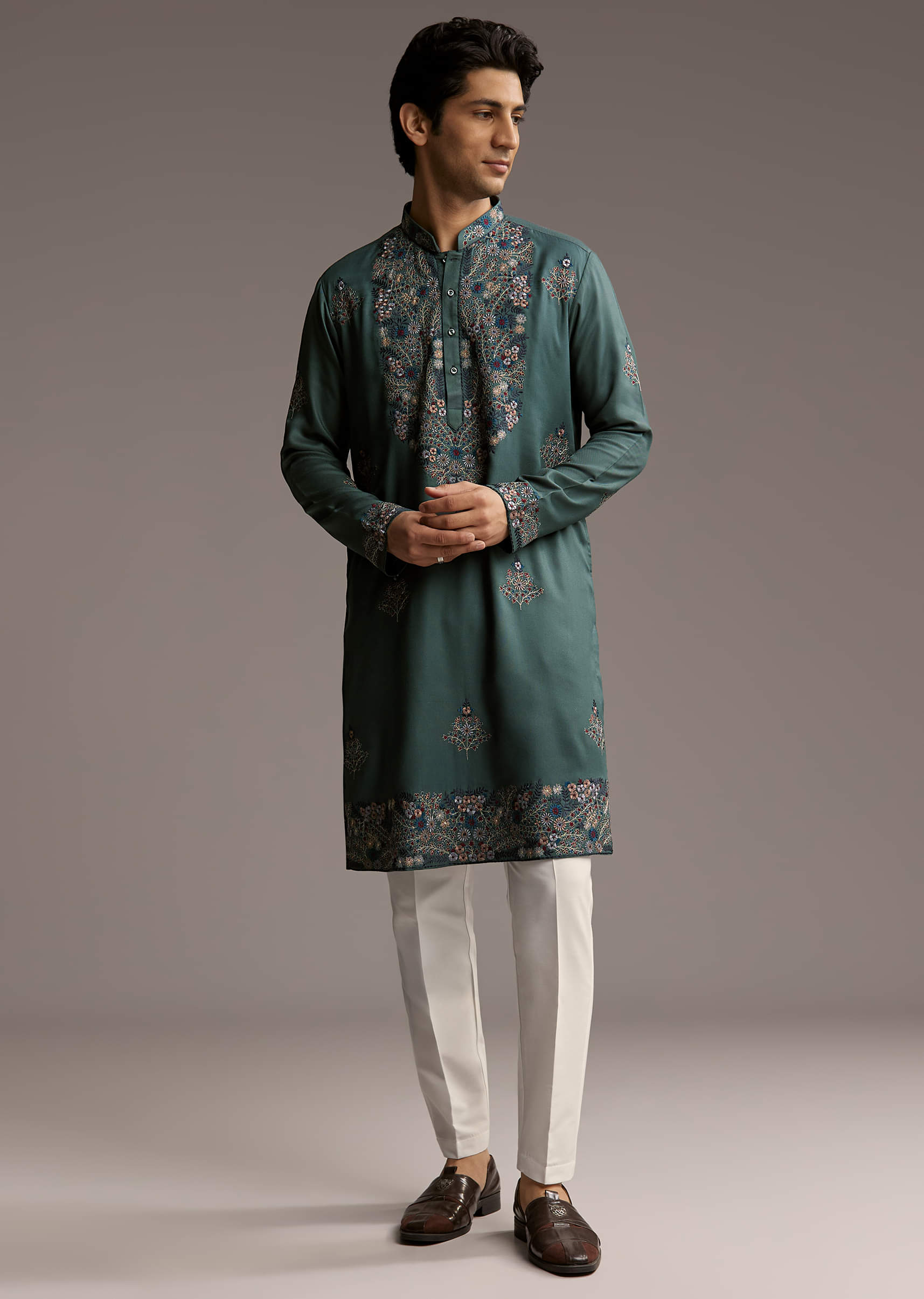 Green Modal Kurta Set For Men With Hand Embroidery - Image 3