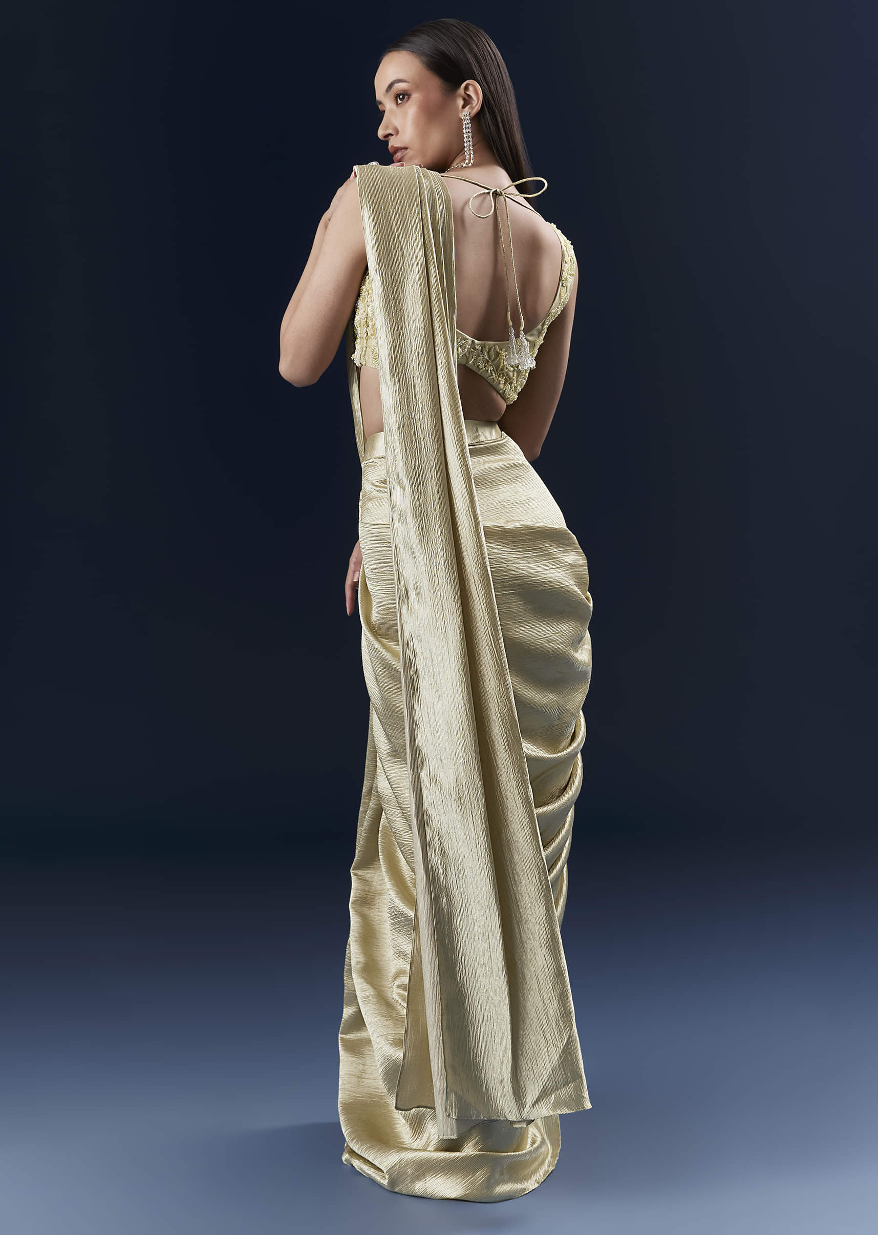 Green Net Ready Pleated Saree With Intricate Embroidery - Image 2