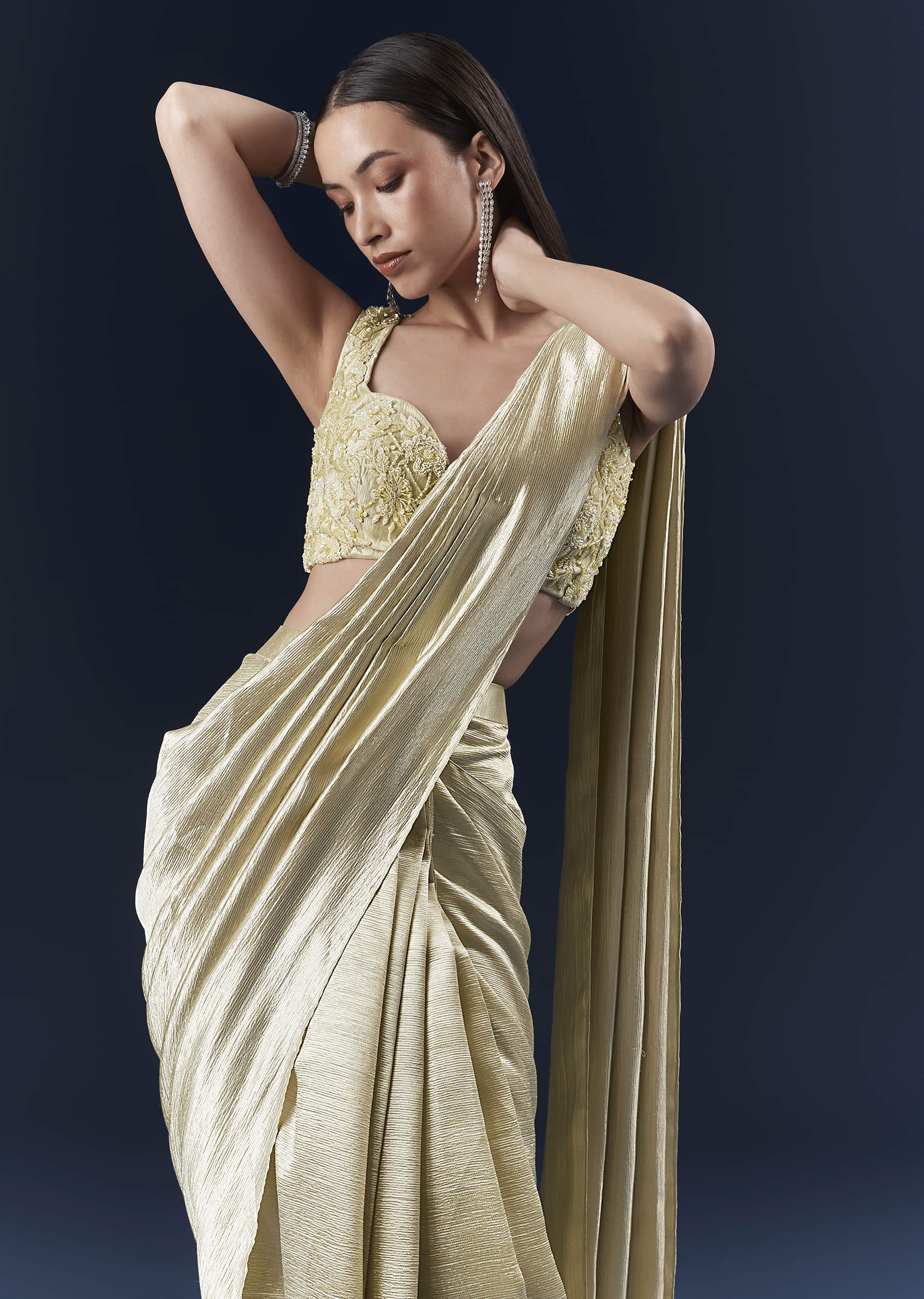 Green Net Ready Pleated Saree With Intricate Embroidery - Image 3