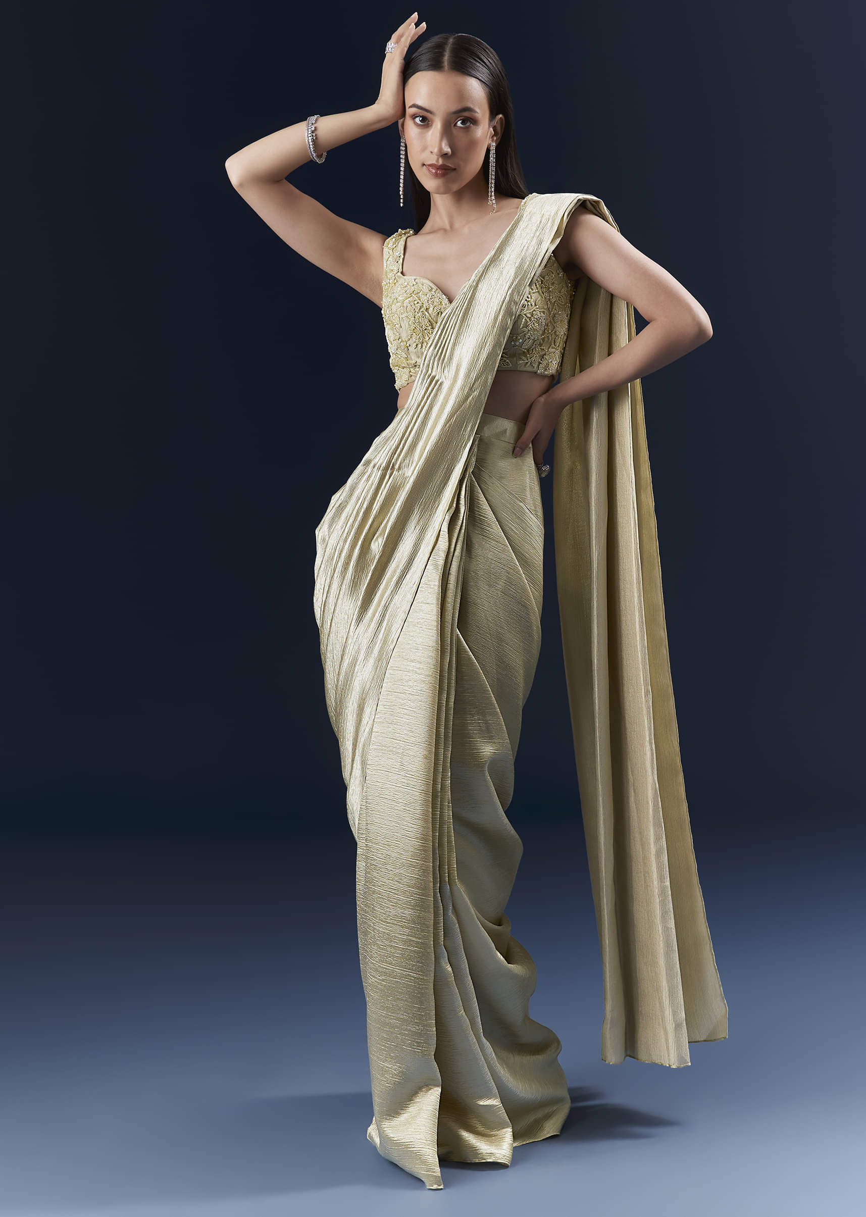 Green Net Ready Pleated Saree With Intricate Embroidery - Image 4