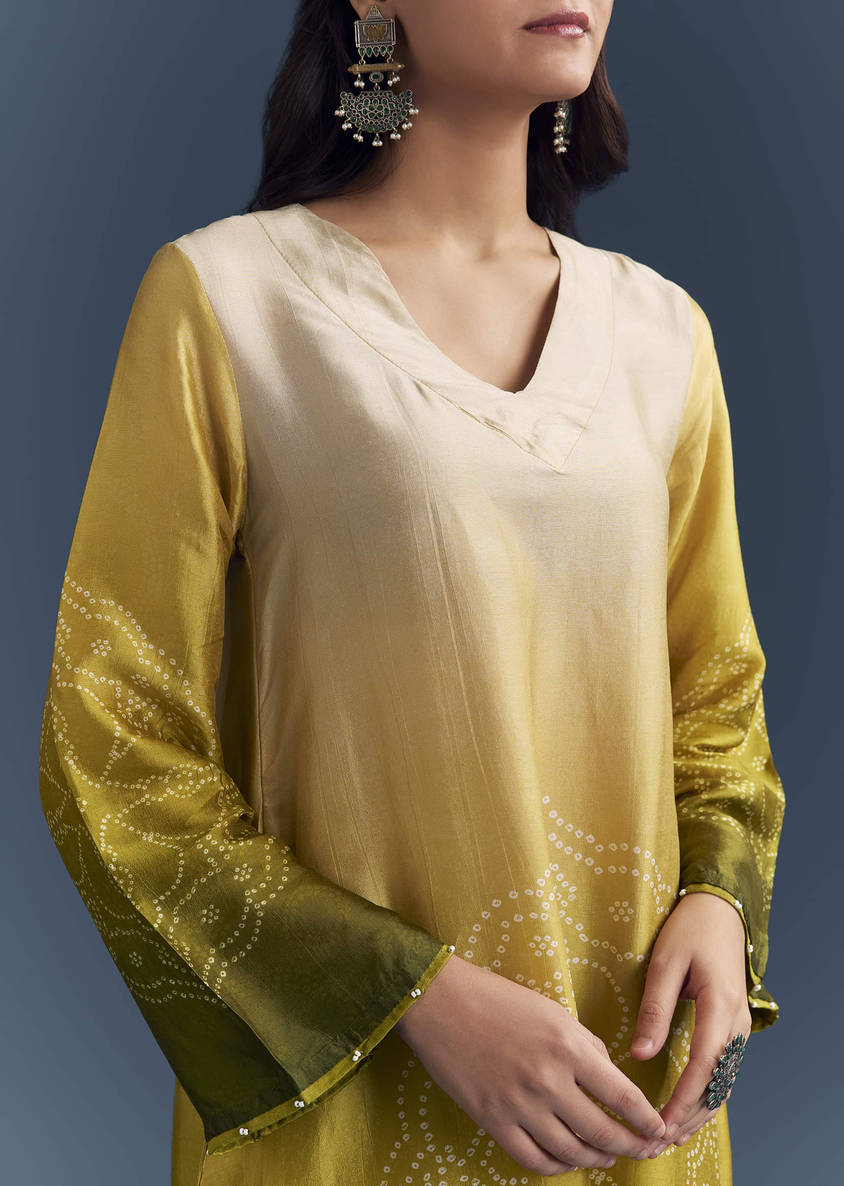 Green Ombre Satin Bandhani Co Ord Set With Moti Work - Image 2