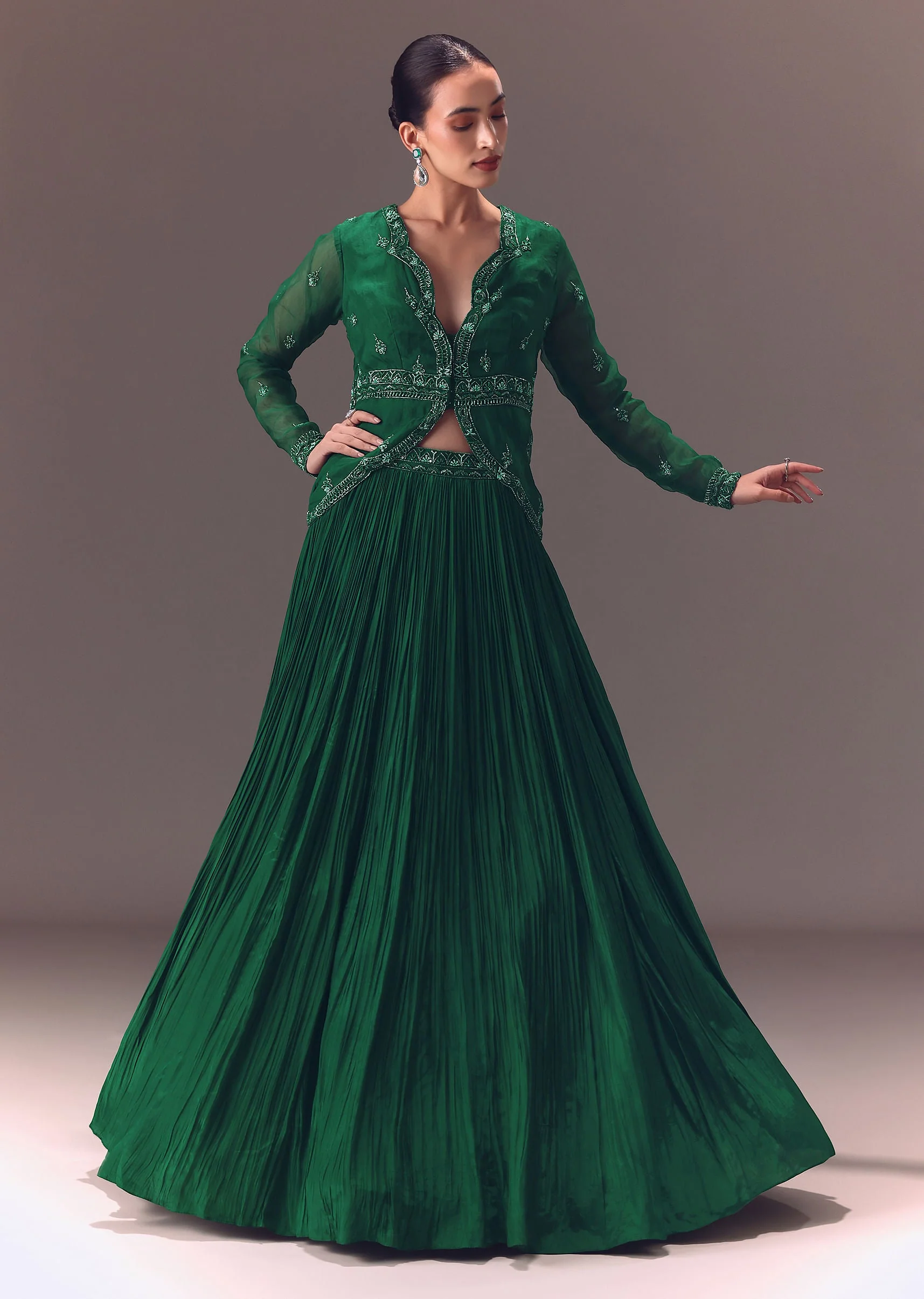 Green Organza Ruched Lehenga With Hand Embellished Jacket - Image 4