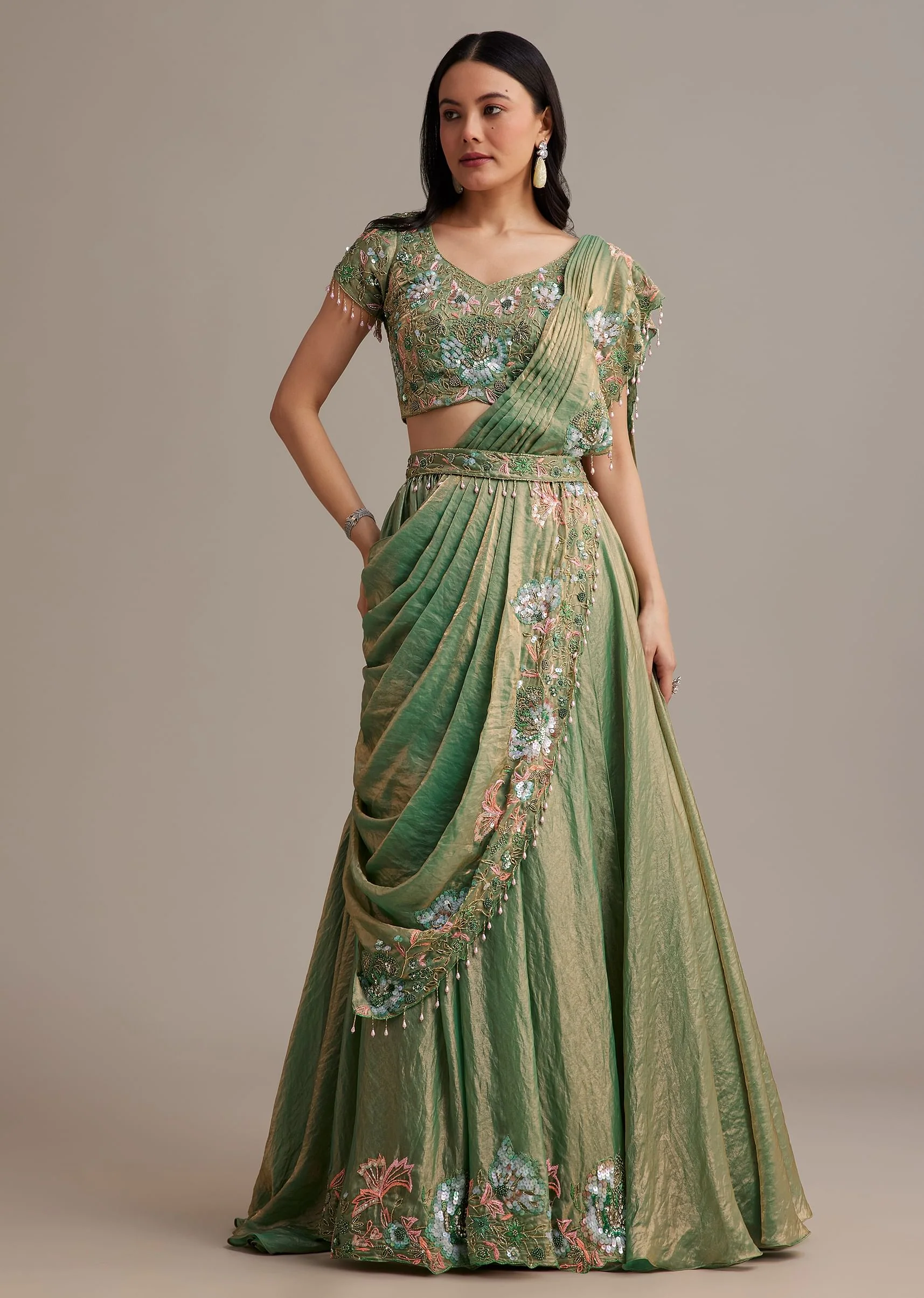 Green Organza Tissue Lehenga Set With Sequins And Bead Work