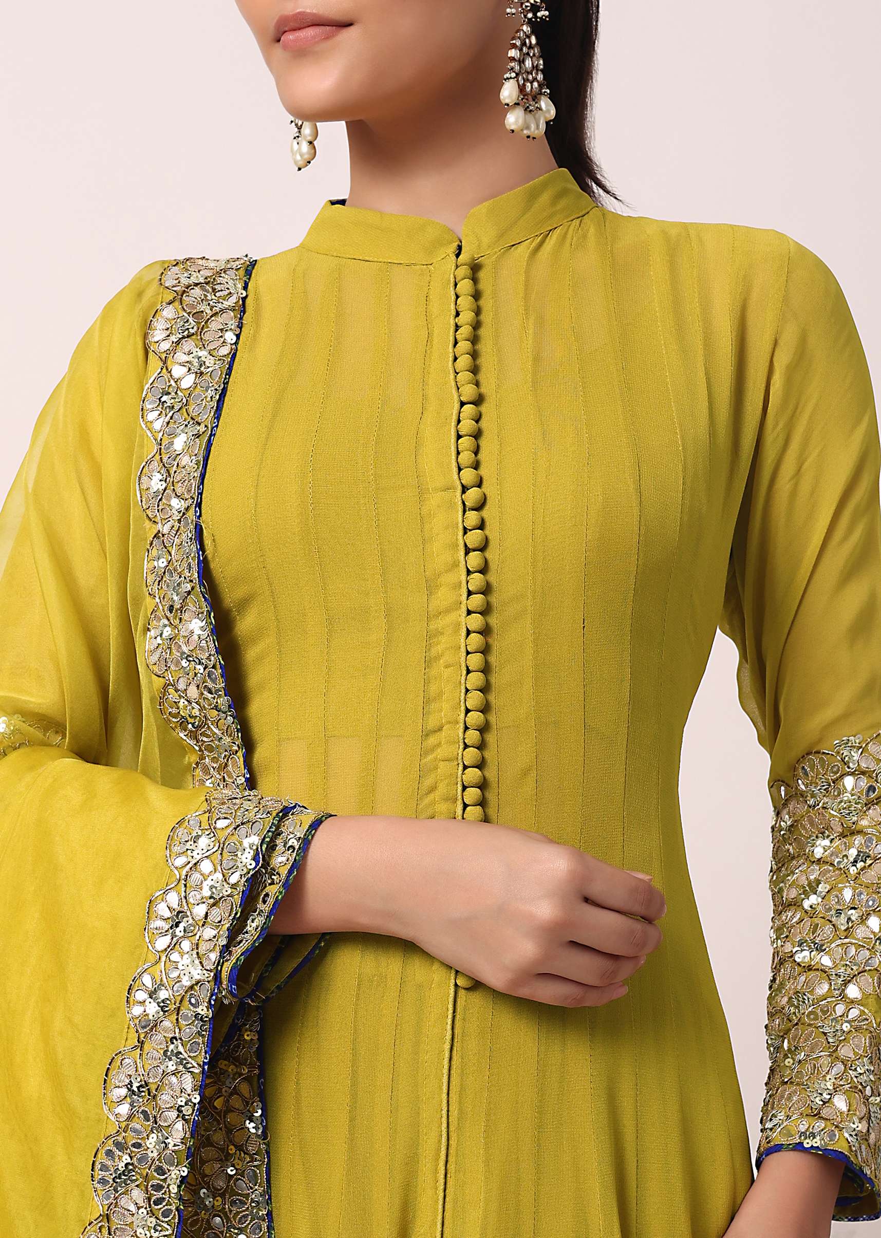 Green Palazzo Set With Embroidered Anarkali - Image 2