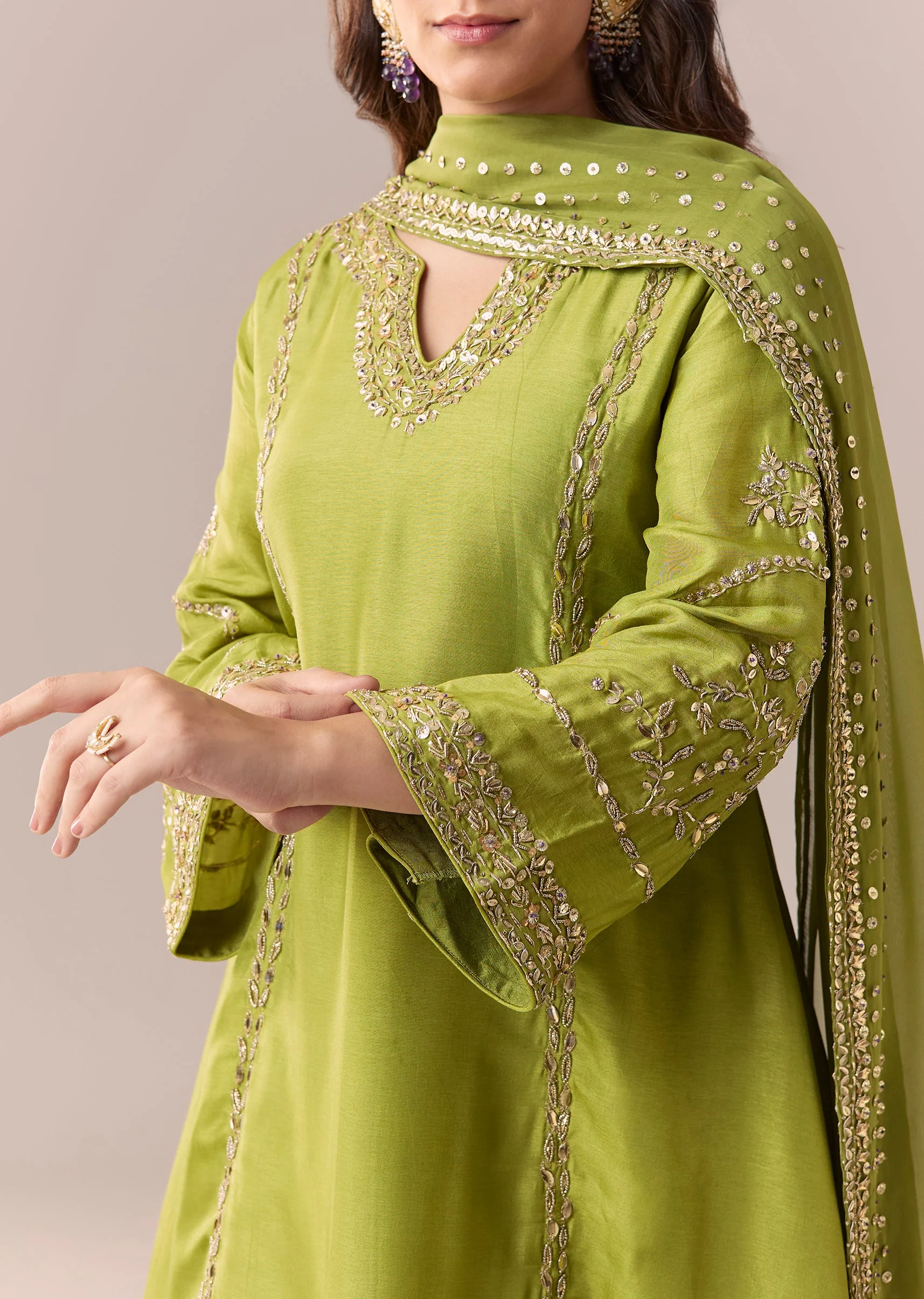 Green Purple Embellished Kurta Set With Salwar And Dupatta - Image 2