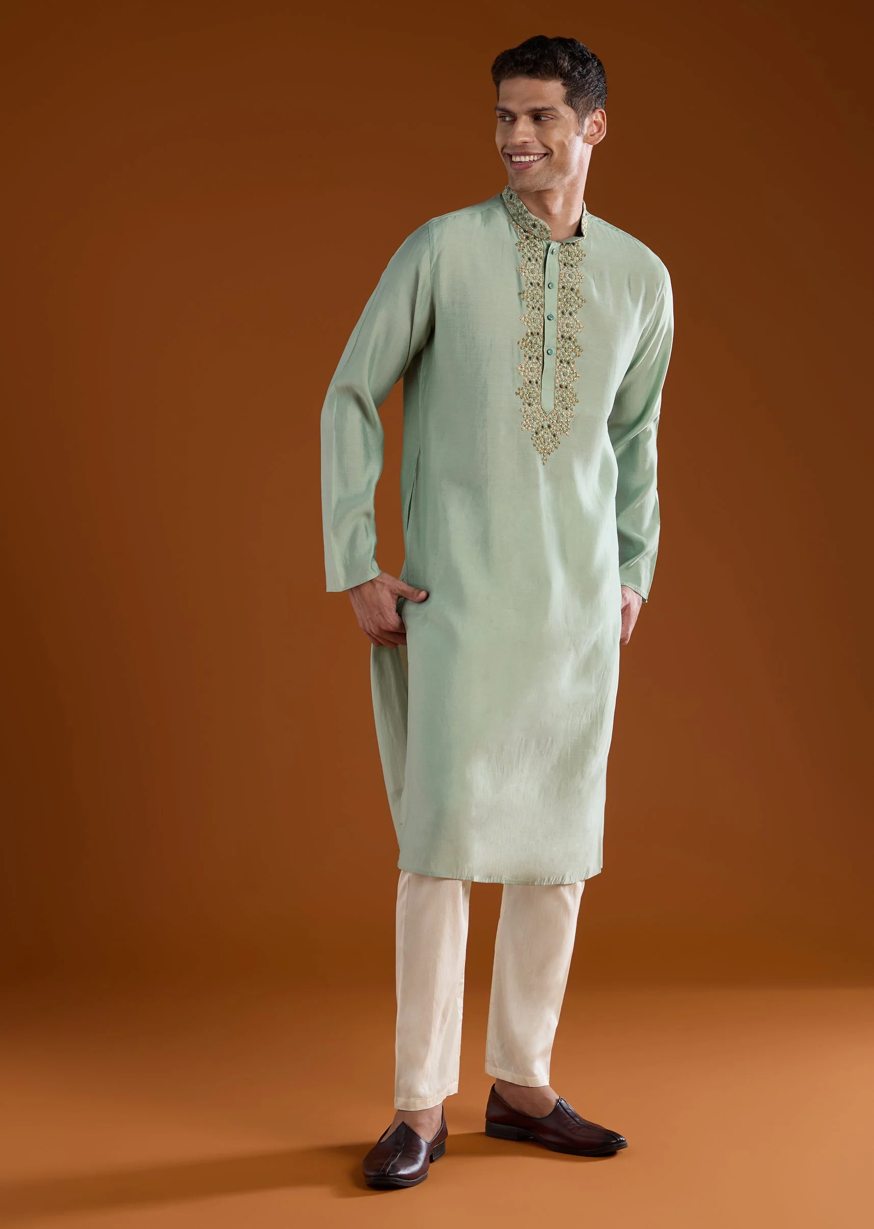 Green Resham Embroidered Mens Kurta Pant Set - Image 4