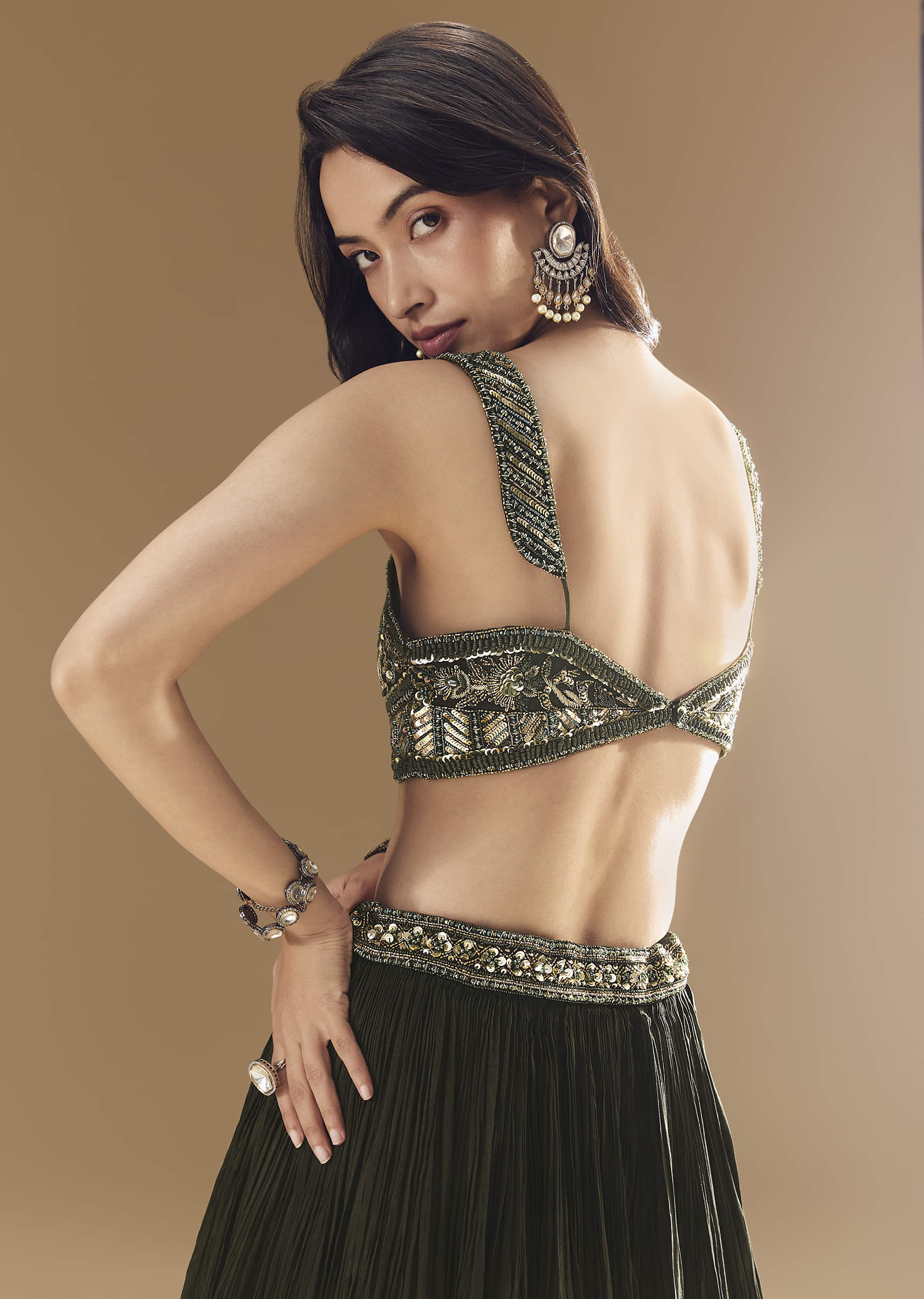 Green Ruched Bridesmaid Lehega with Choker Dupatta - Image 6