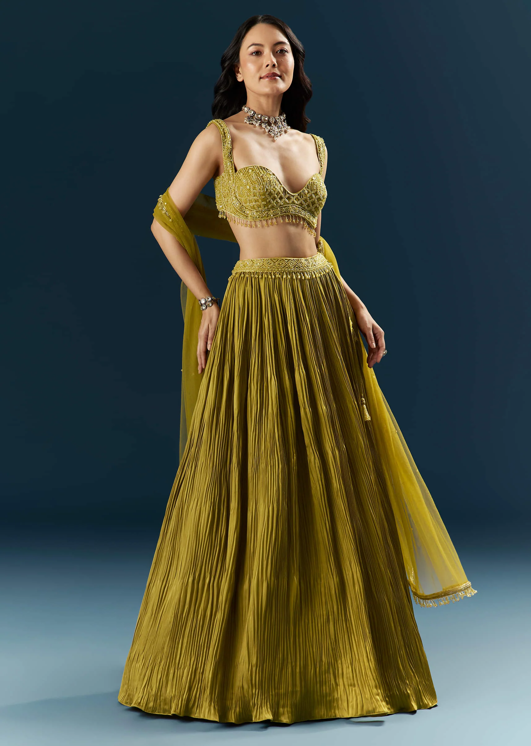 Green Satin Bridesmaid Lehenga With Cutdana And Beads Embroidery - Image 7