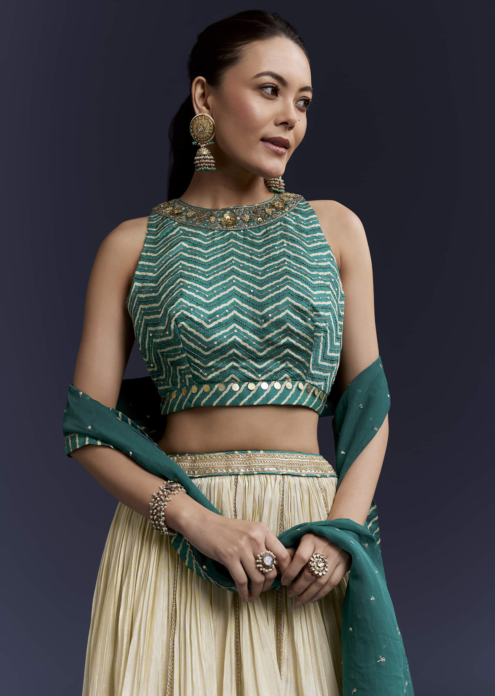 Green Satin Bridesmaid Lehenga With Hand Dyed Chevron Print Choli - Image 5