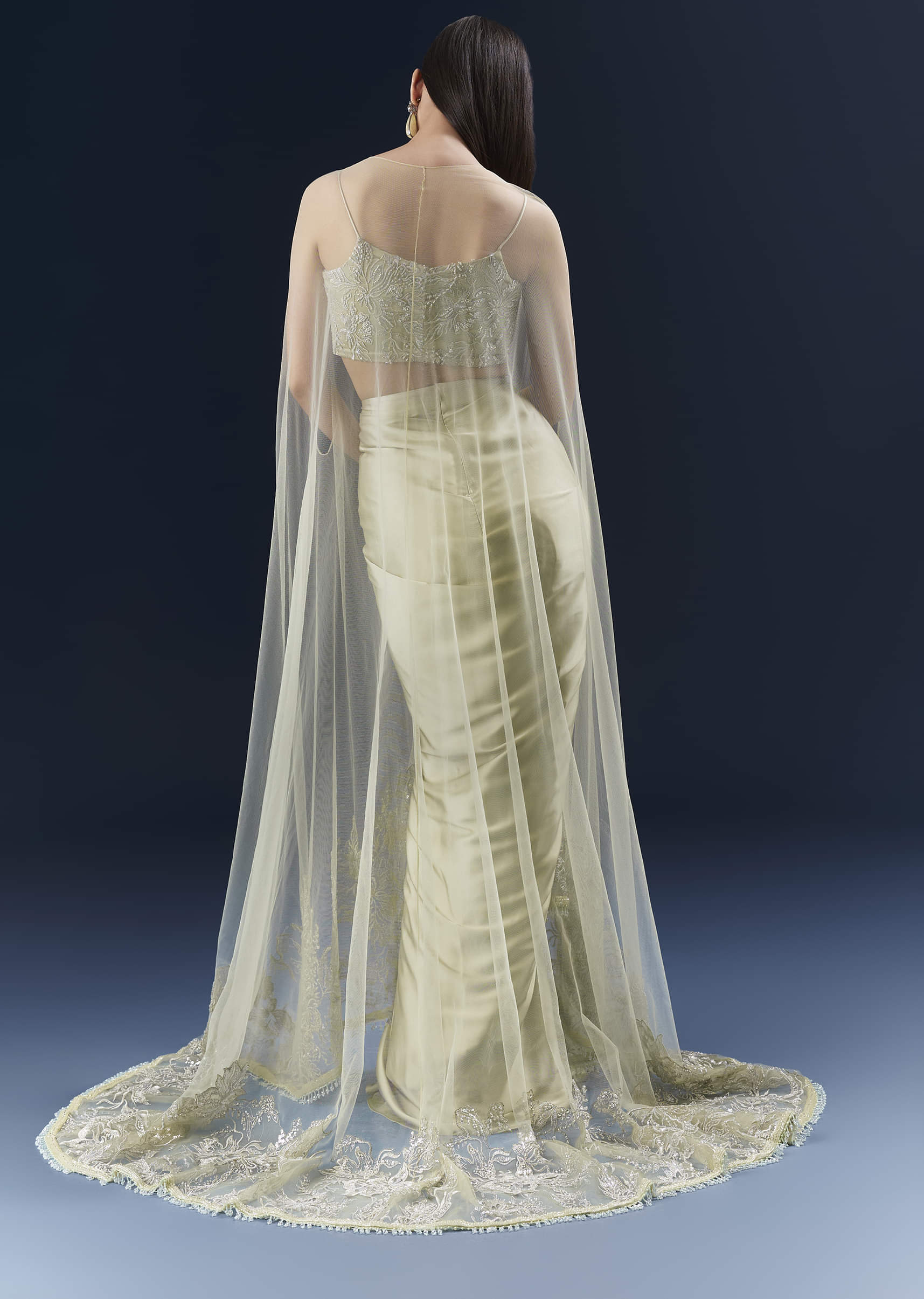 Green Satin Crop Top And Drape Skirt Set With Lace Work - Image 2