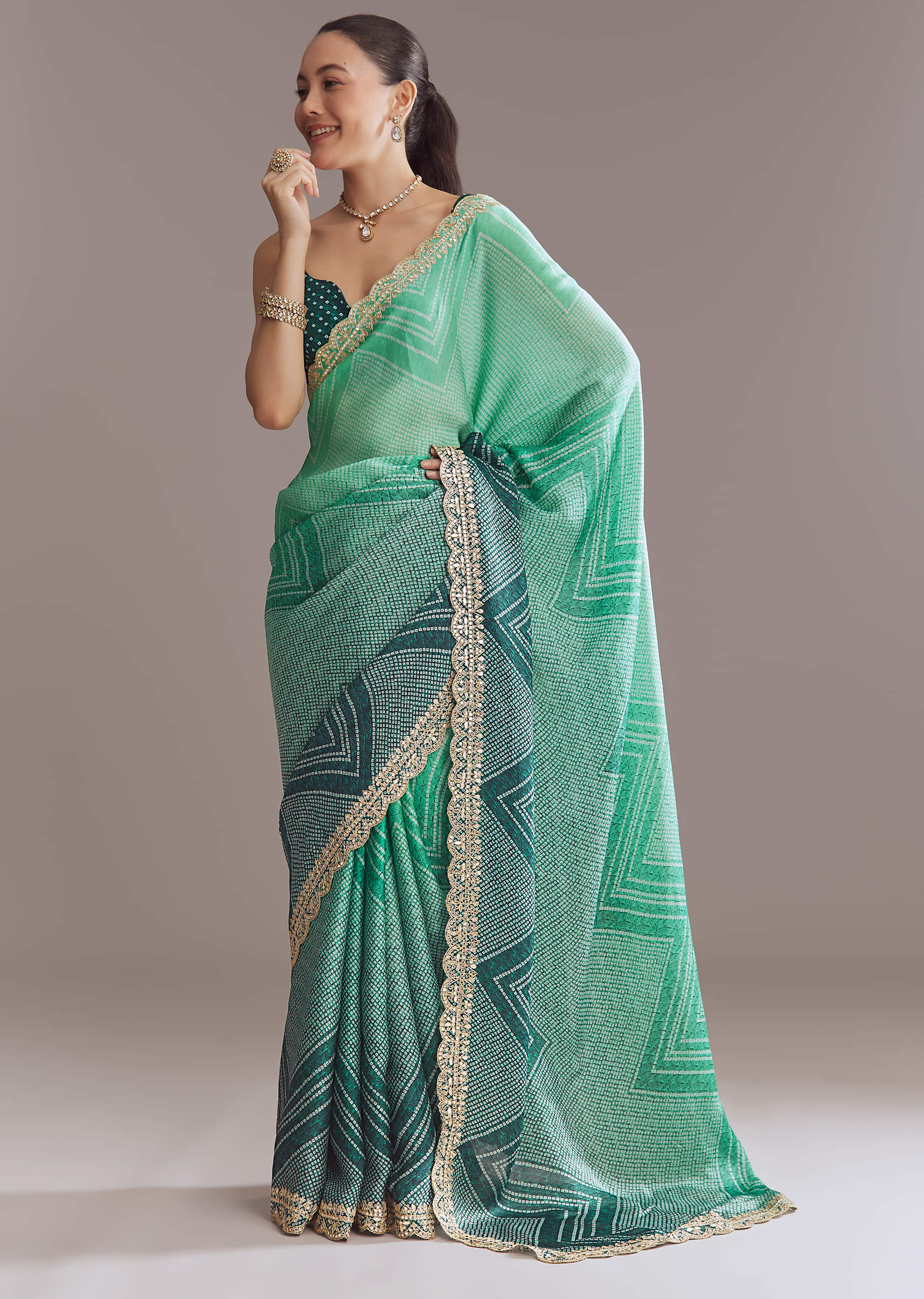 Green Satin Ombre Saree With Gota Patti Embroidery - Image 10