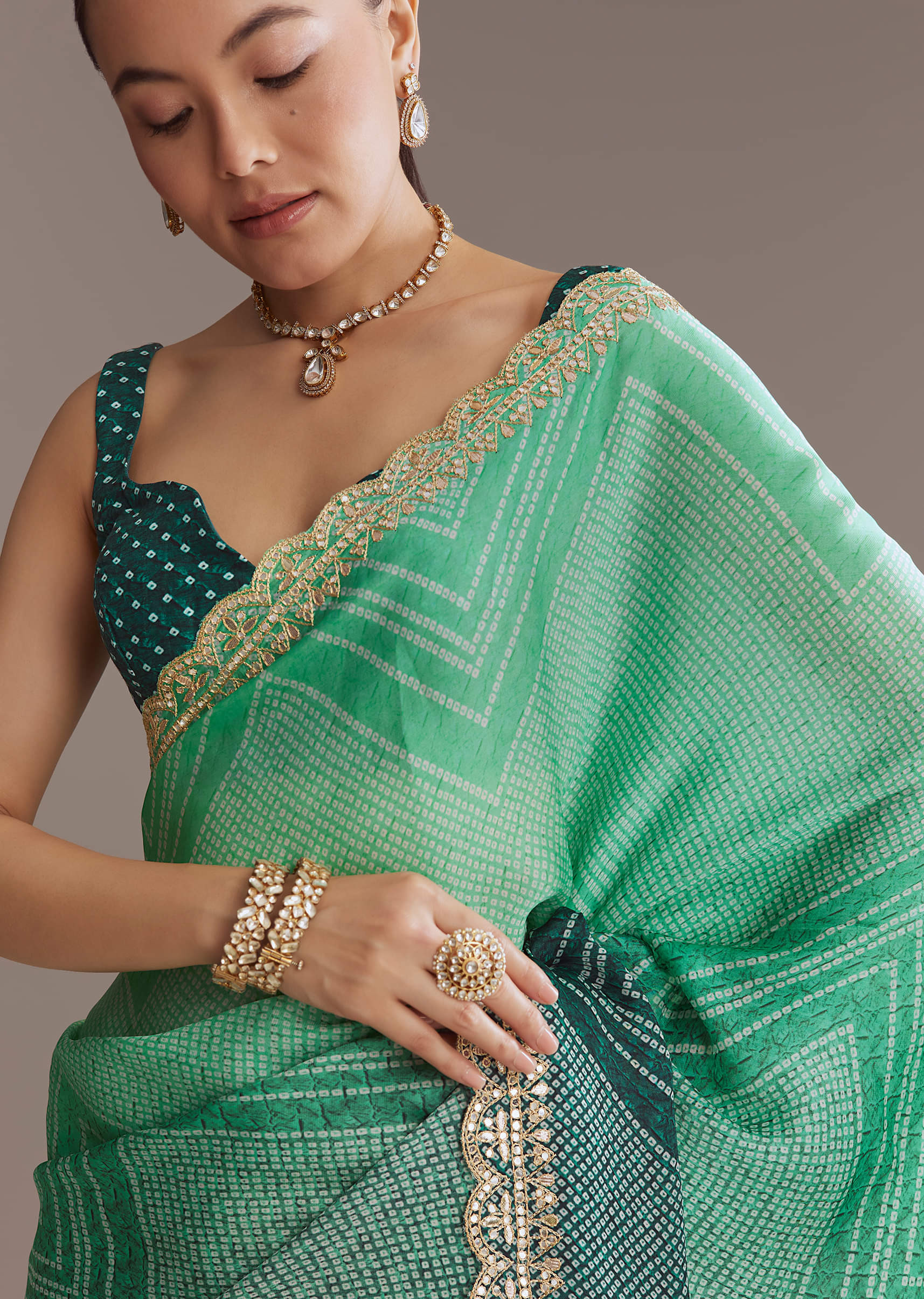 Green Satin Ombre Saree With Gota Patti Embroidery - Image 2