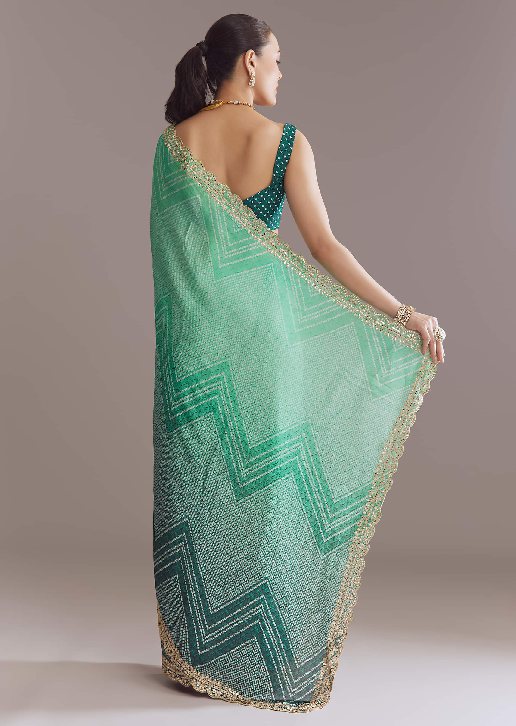 Green Satin Ombre Saree With Gota Patti Embroidery - Image 3