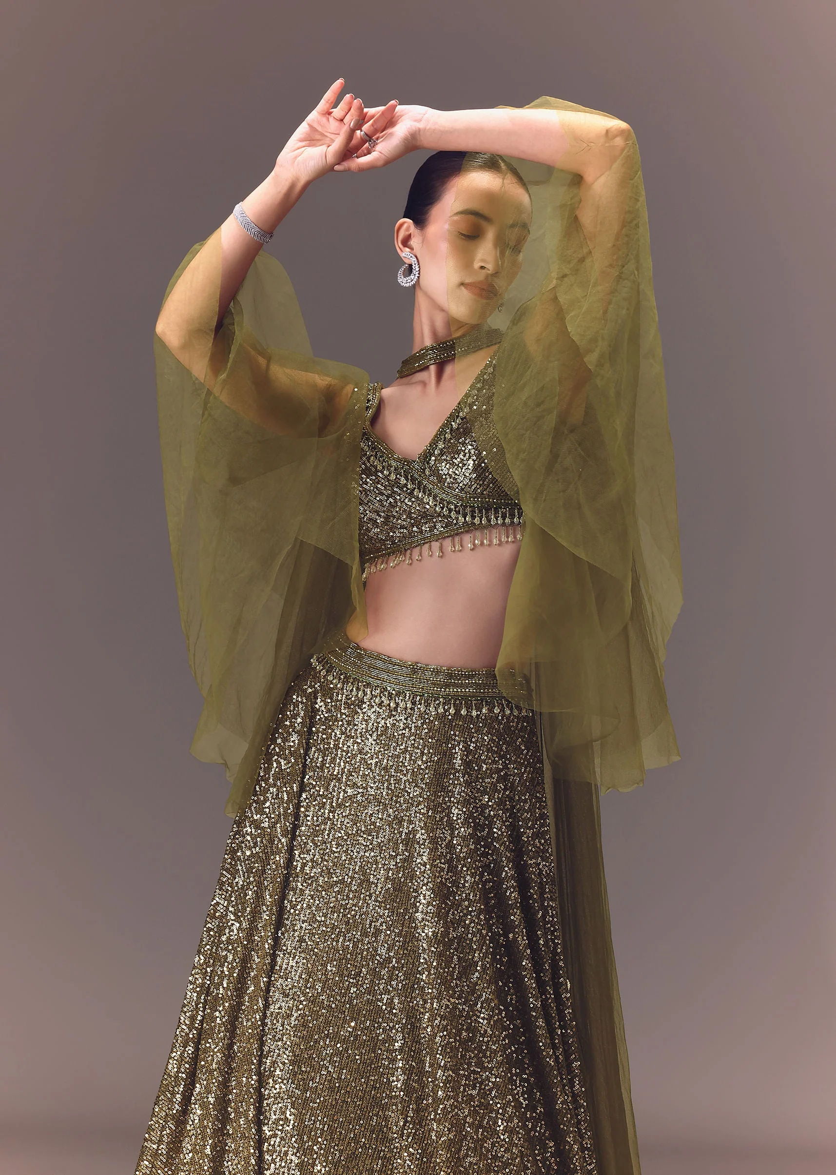 Green Sequin Frill Blouse With Lehenga And Choker Dupatta - Image 4