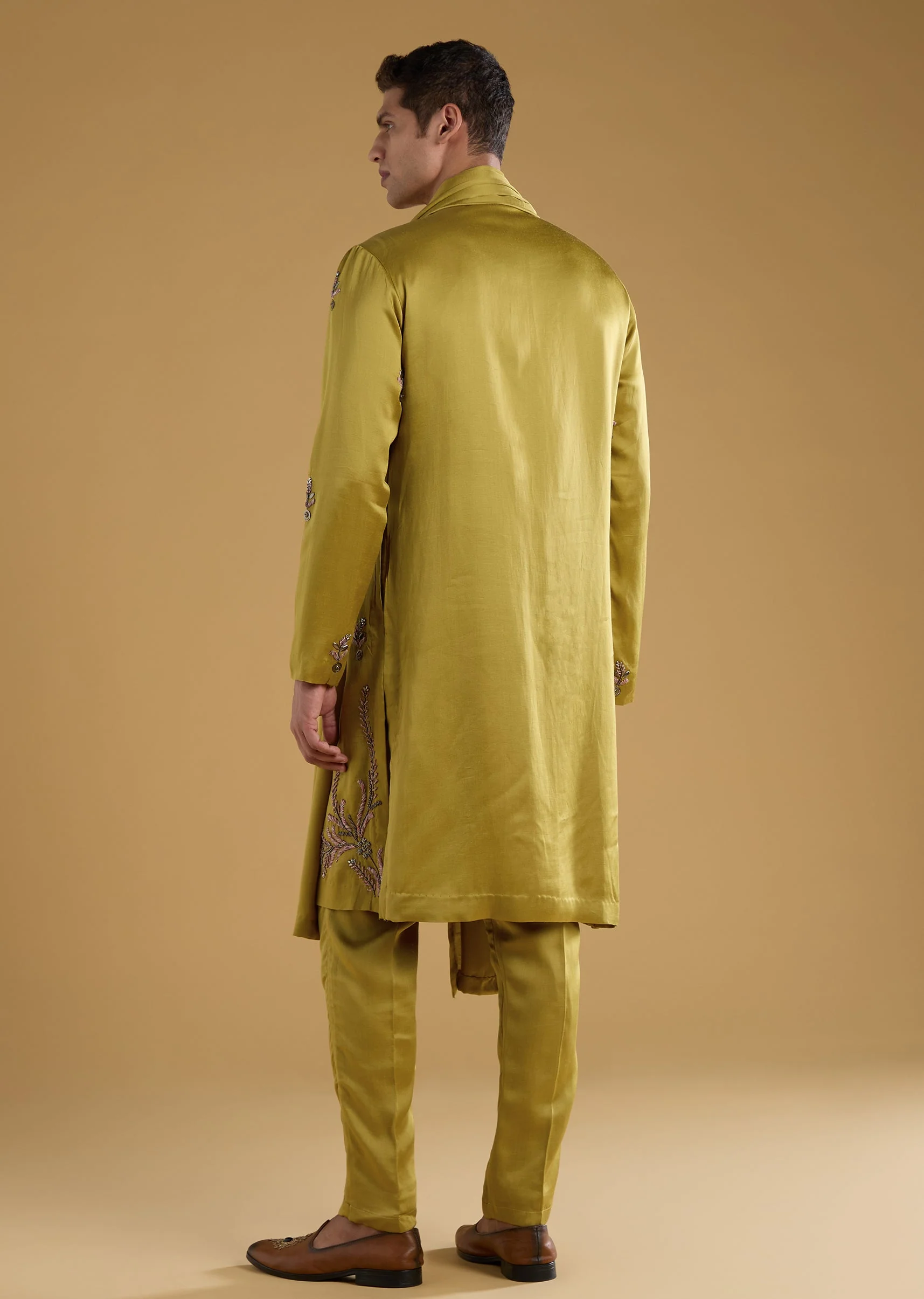 Green Silk Bead Work Men's Kurta Set with Dupatta - Image 5