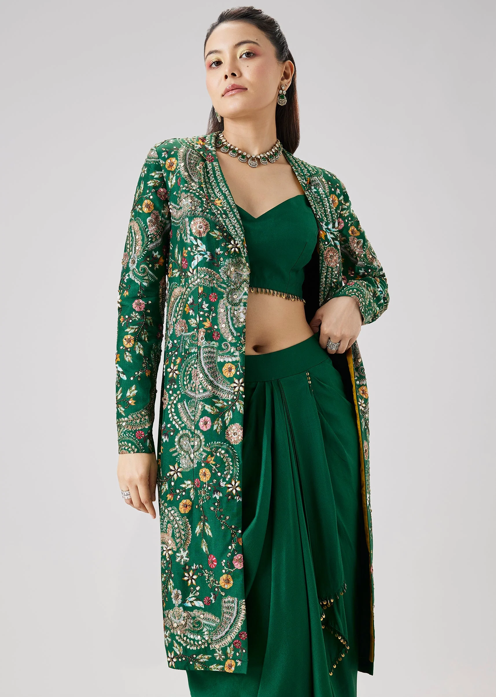 Green Silk Crop Top Skirt Set With Printed Embellished Jacket - Image 4