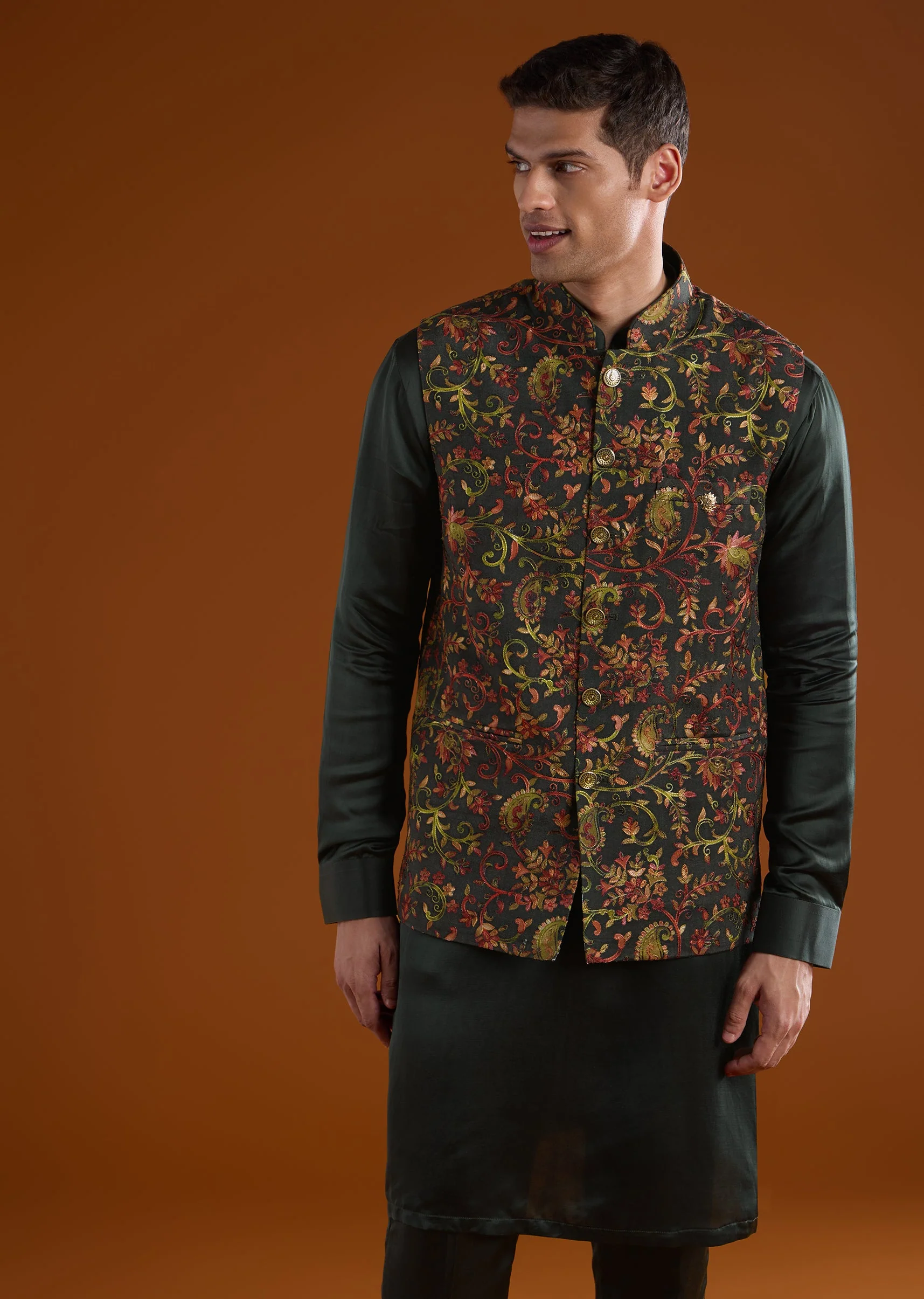 Green Silk Mens Kurta Jacket Set - Image 4