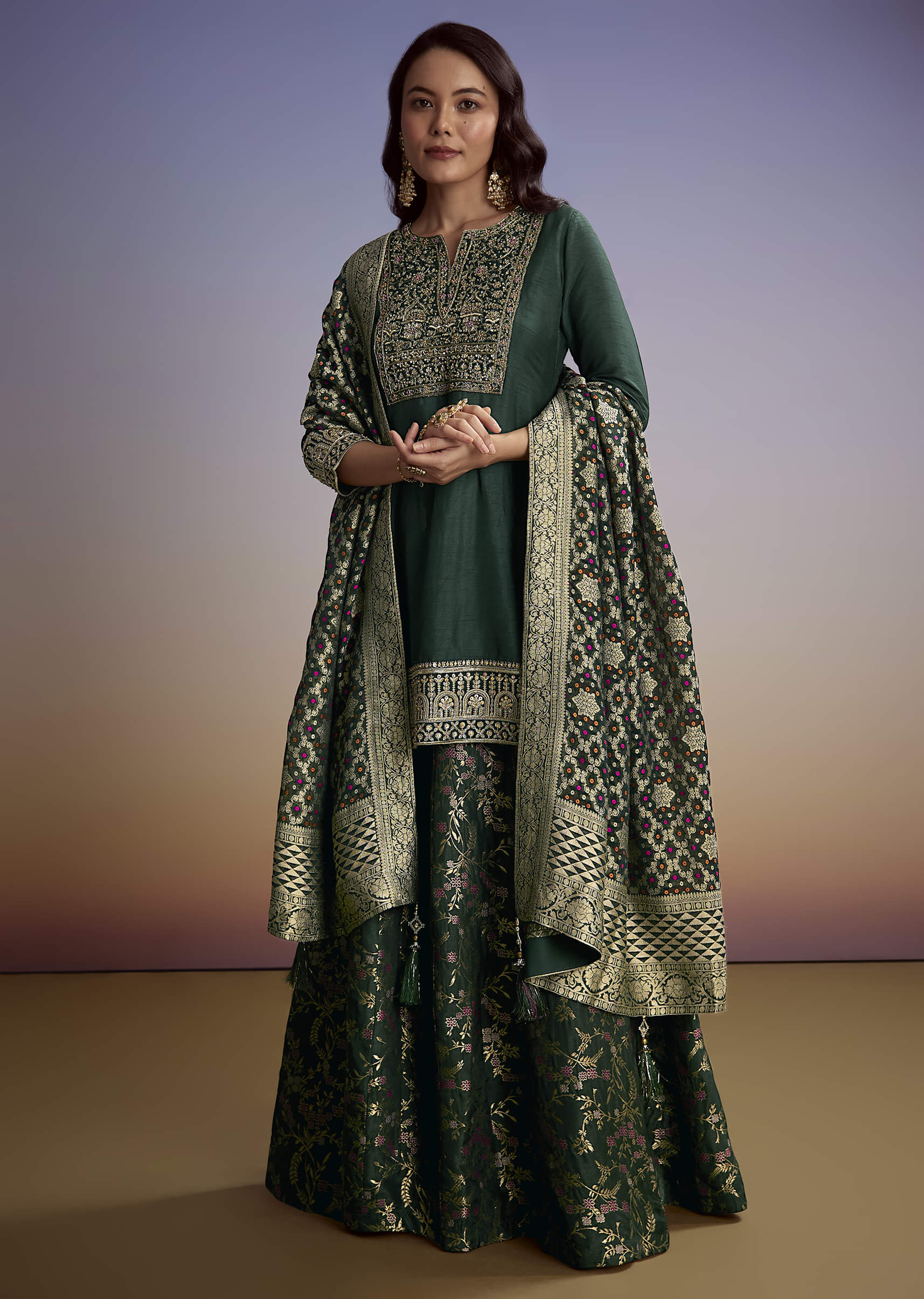 Green Silk Palazzo Suit With Heavy Embroidery - Image 3