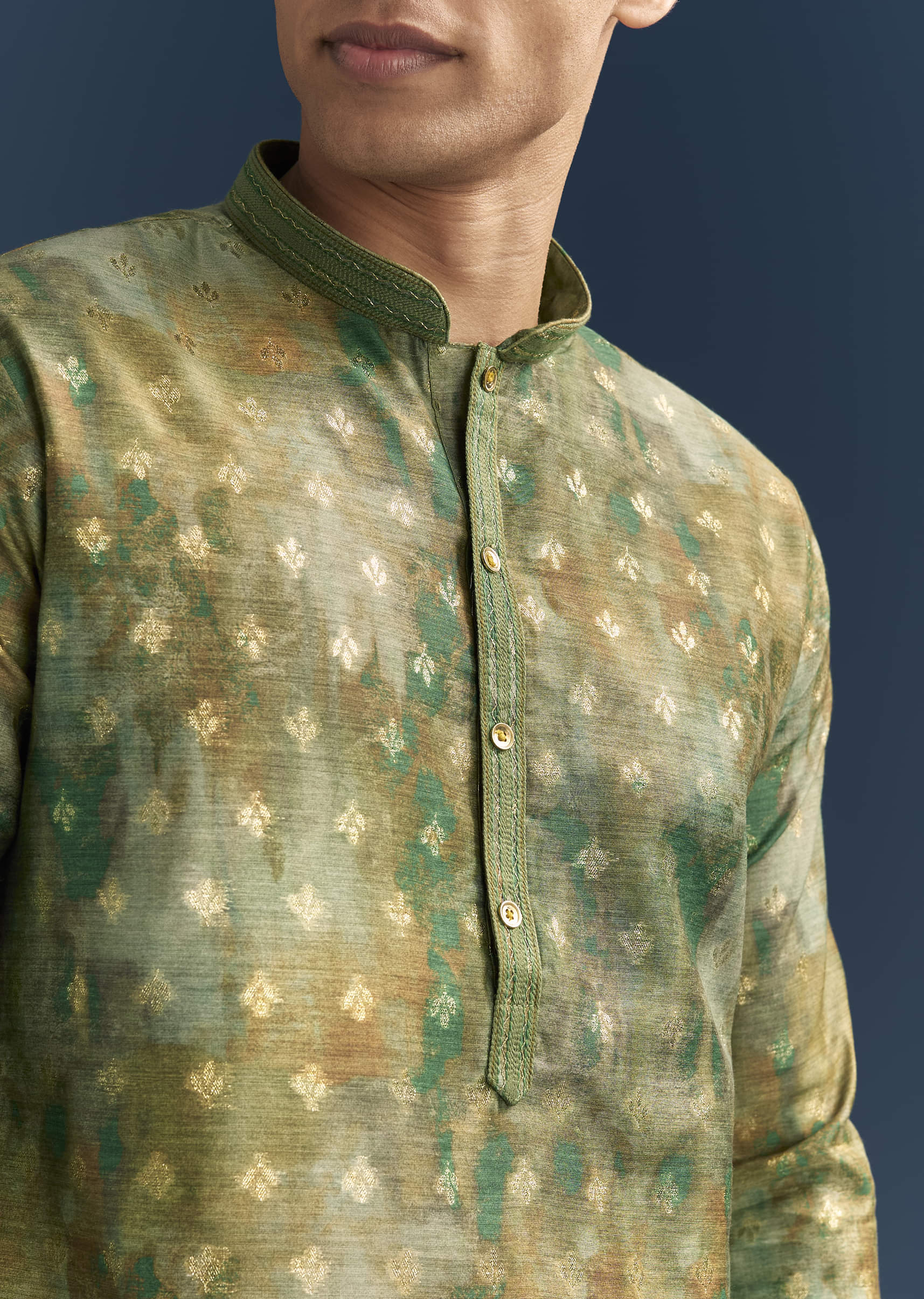 Green Silk Printed Kurta Set For Men With Foil Butti Work - Image 2