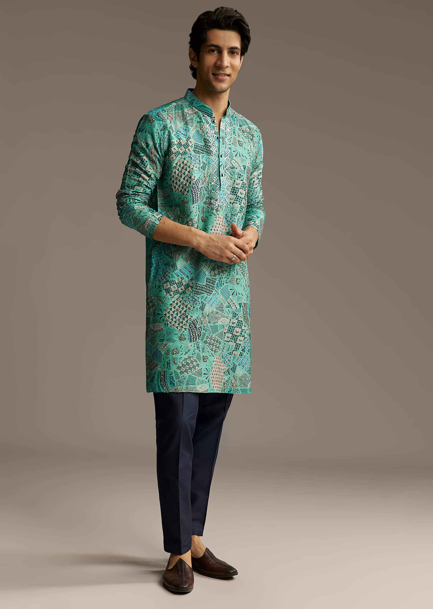 Green Silk Printed Kurta Set For Men With Mirror Work - Image 7