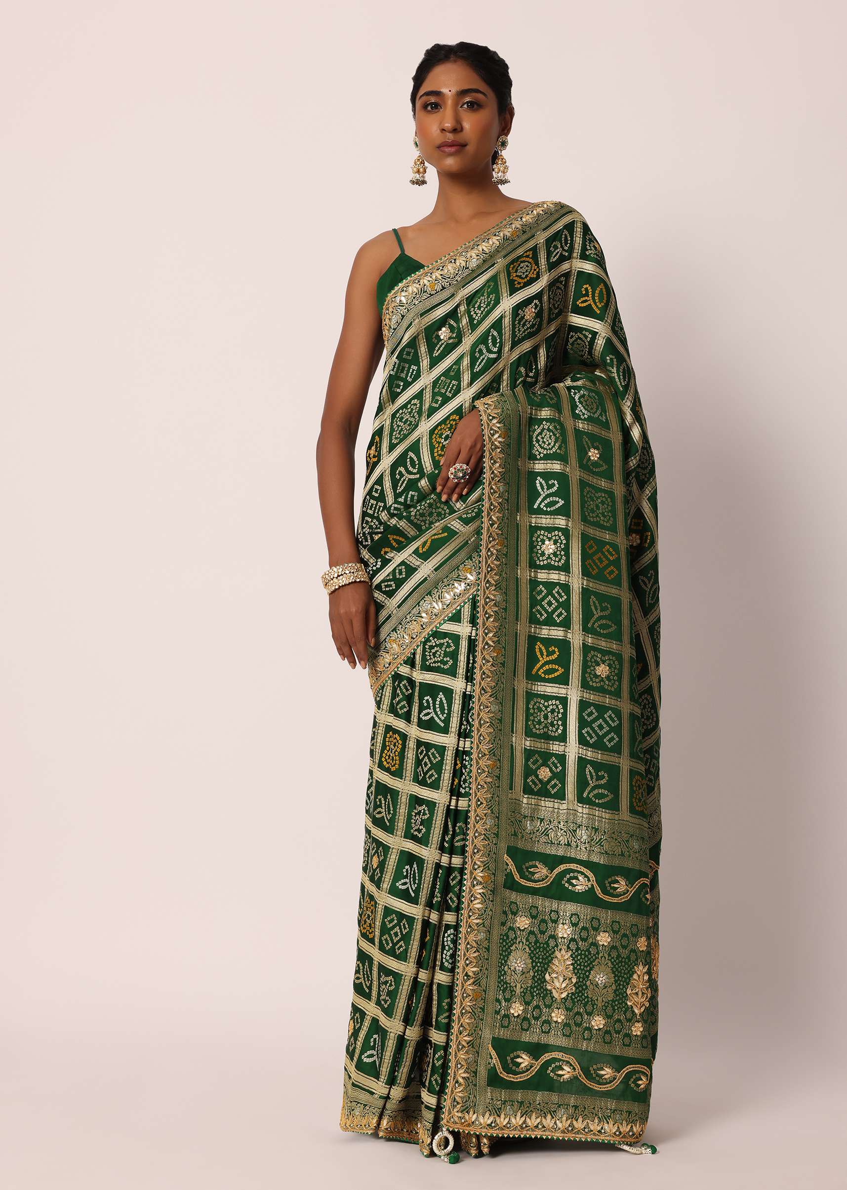 Green Silk Saree With Bandhani And Banarasi Weave And Unstitched Blouse Piece
