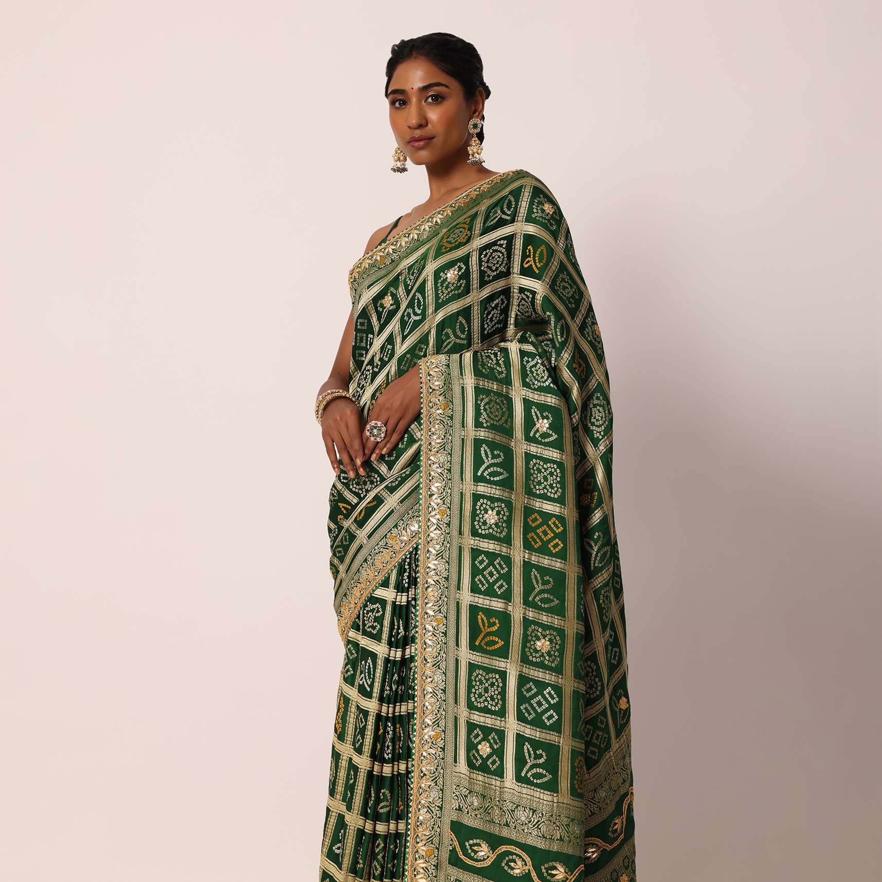 Green Silk Saree With Bandhani And Banarasi Weave And Unstitched Blouse Piece - Image 10