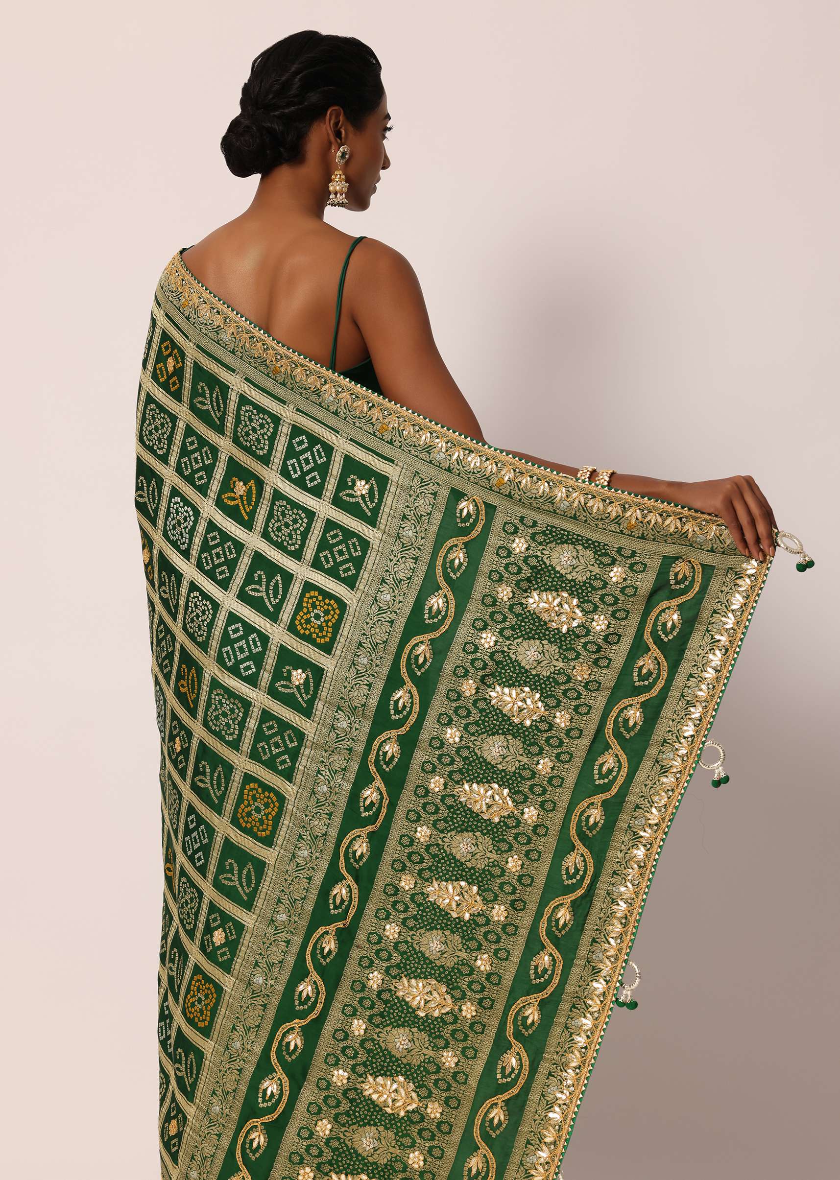 Green Silk Saree With Bandhani And Banarasi Weave And Unstitched Blouse Piece - Image 12