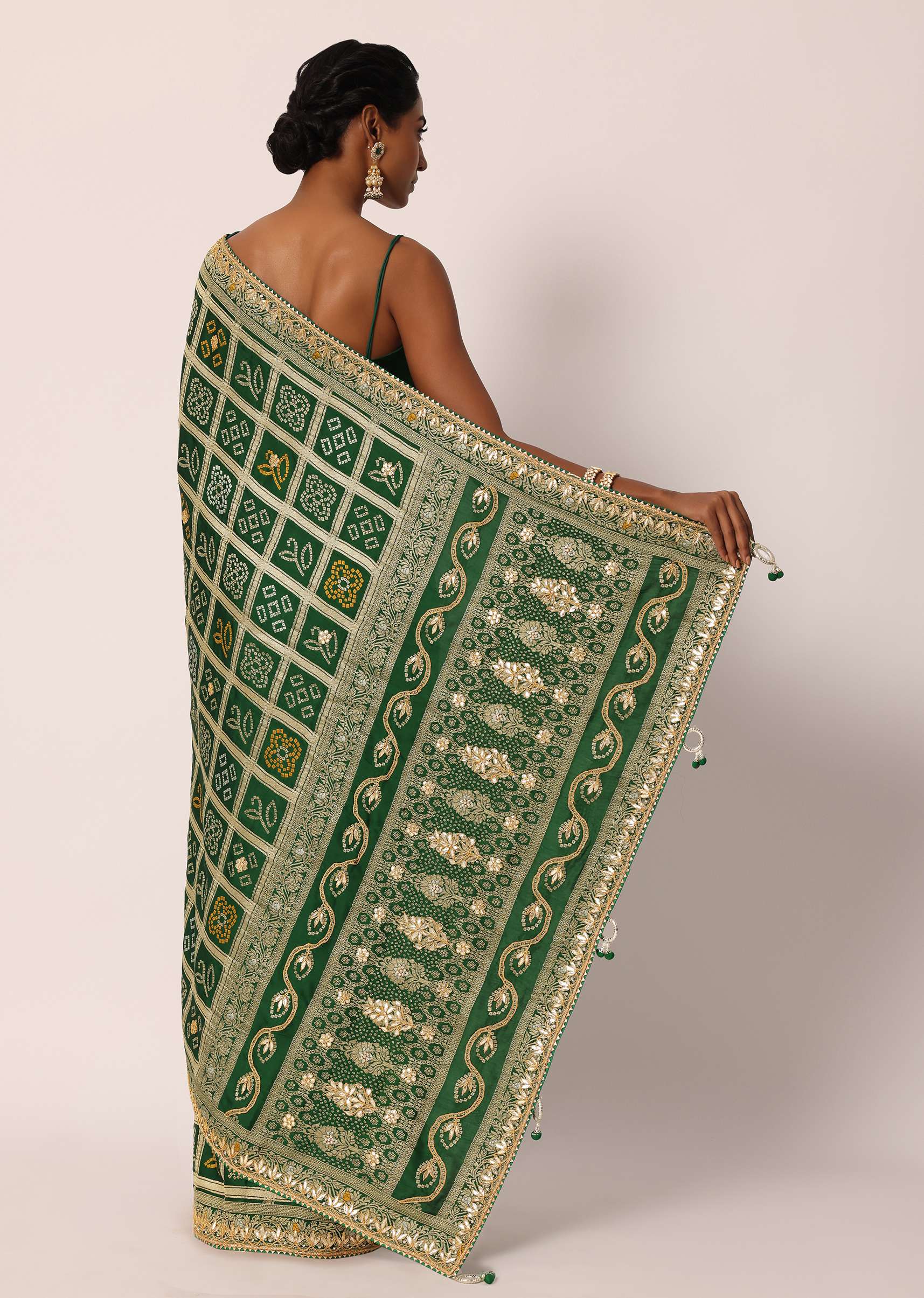 Green Silk Saree With Bandhani And Banarasi Weave And Unstitched Blouse Piece - Image 6
