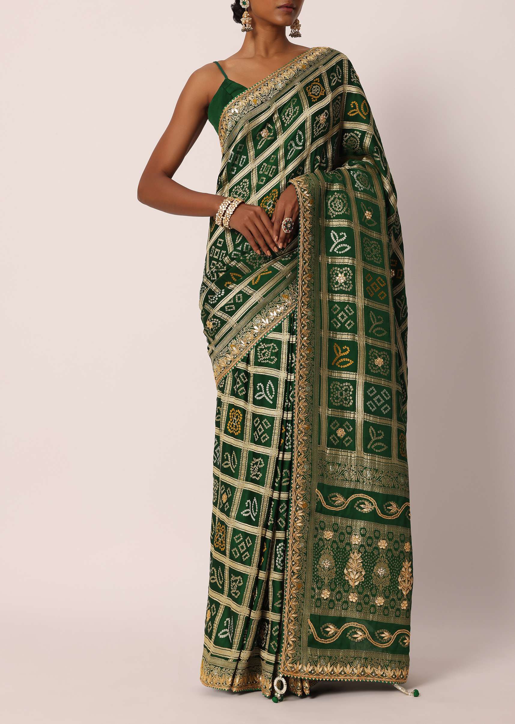 Green Silk Saree With Bandhani And Banarasi Weave And Unstitched Blouse Piece - Image 8