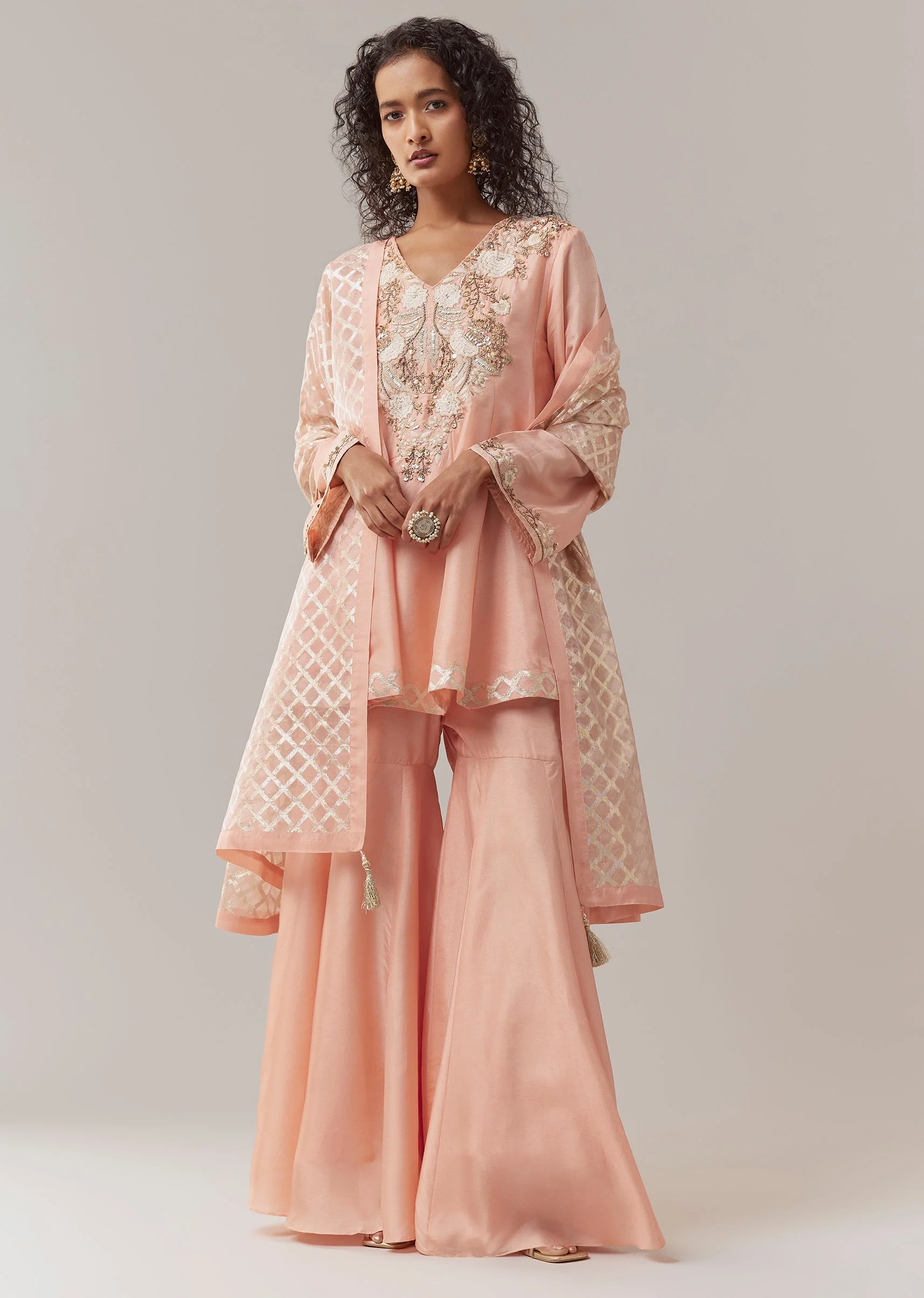 Pink Silk Sequin Work Kurta Sharara Set - Image 3
