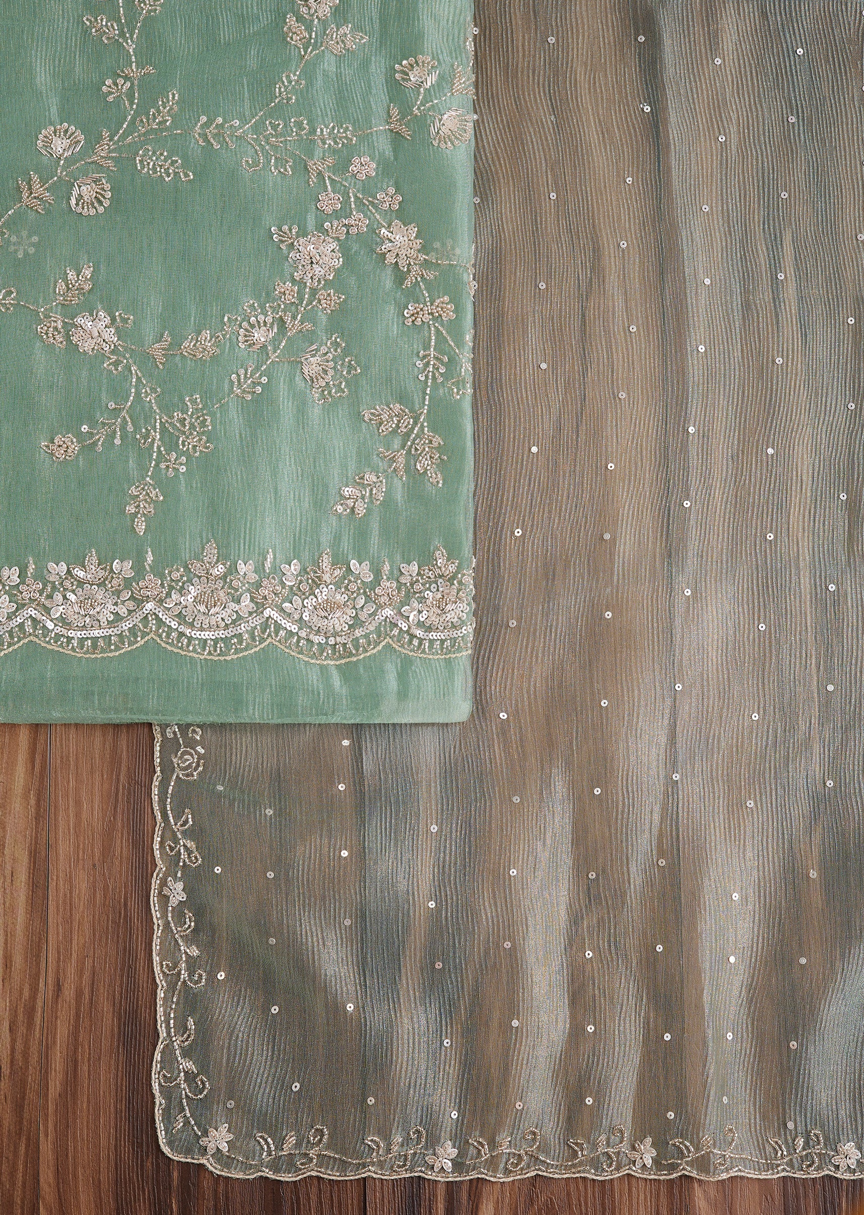 Green Tissue Embroidered Dress Material Suit - Image 3